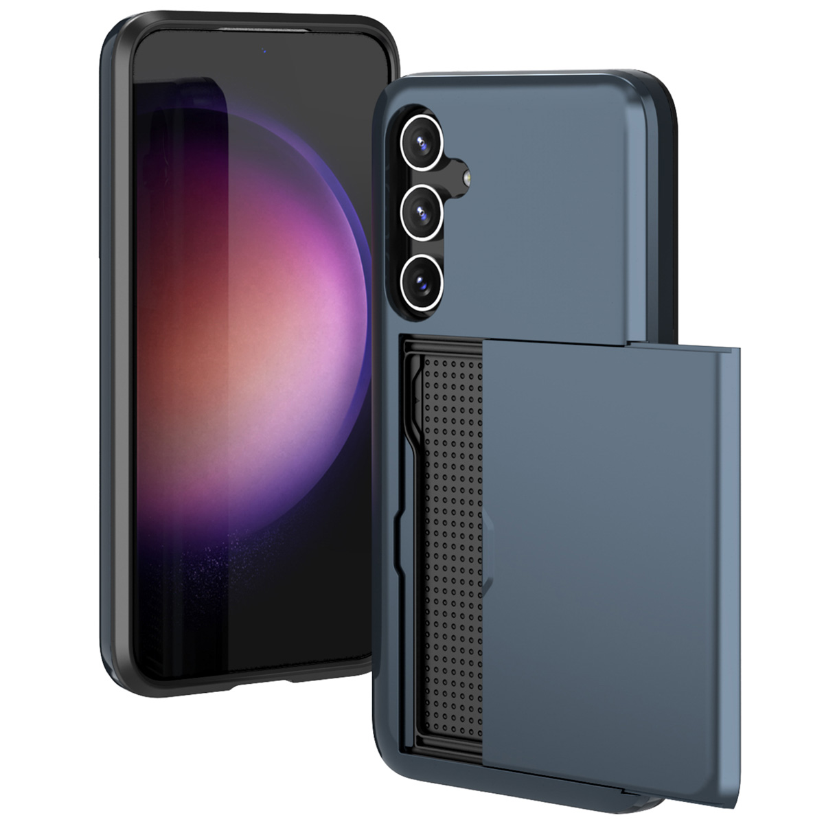 Coque de téléphone bleu foncé avec une fente pour carte ouverte. Le téléphone est visible à l'intérieur.