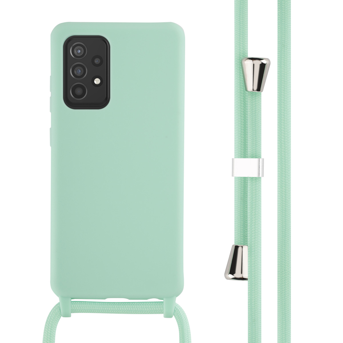 Une coque de téléphone vert menthe et un cordon vert menthe avec des extrémités métalliques.
