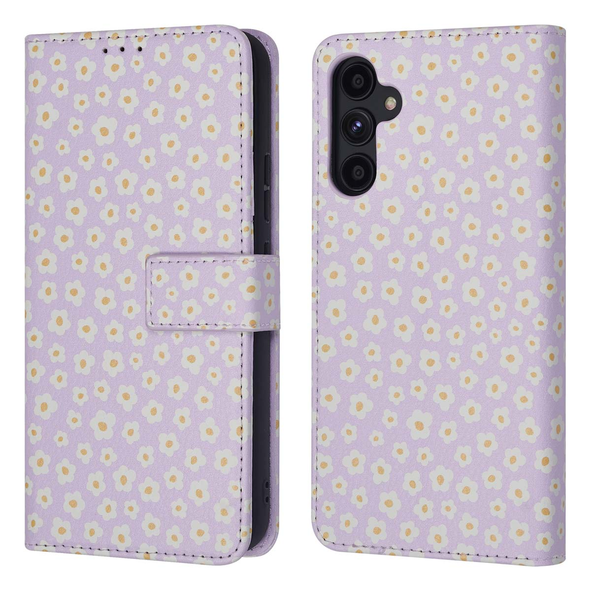 Een lichtpaarse telefoonhoes met een wit en geel bloemenpatroon.