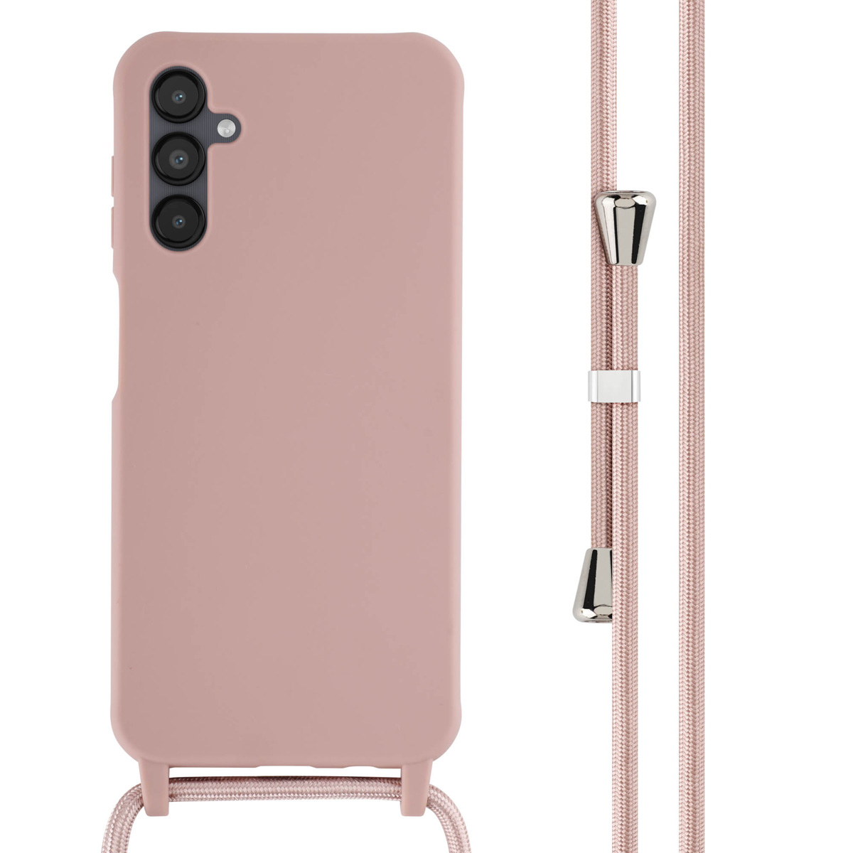 Roze telefoonhoesje met bijpassend koord. Eenvoudig ontwerp.