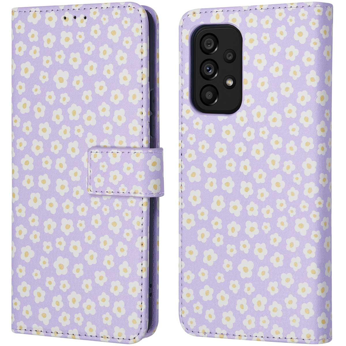 Paars telefoonhoesje met een klein wit bloempatroon en gele middelpunten.