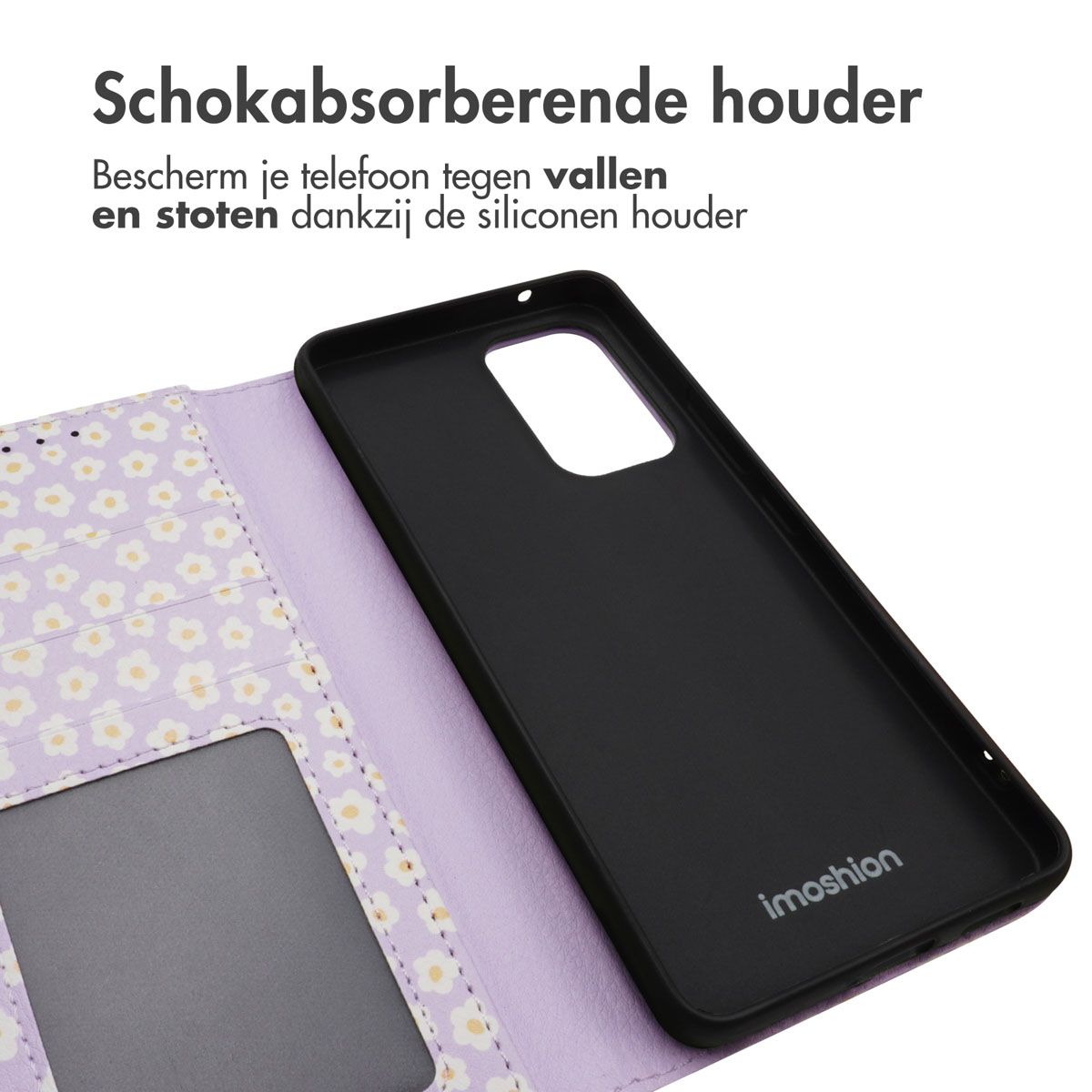 Een open telefoonhoes met paars bloemenpatroon en zwarte siliconen houder.