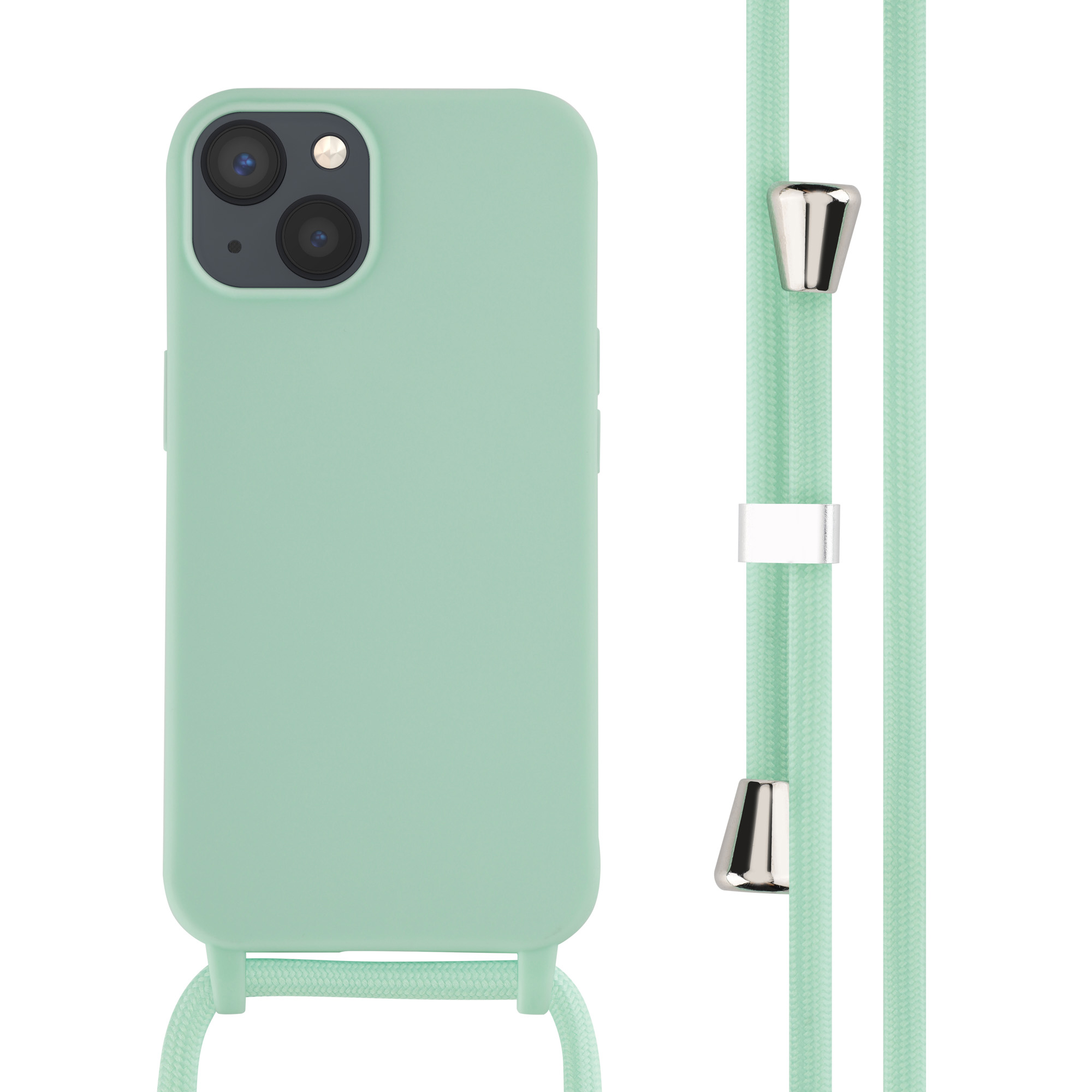Téléphone vert avec coque verte et cordon vert avec accessoires argentés. Le téléphone a un appareil photo.