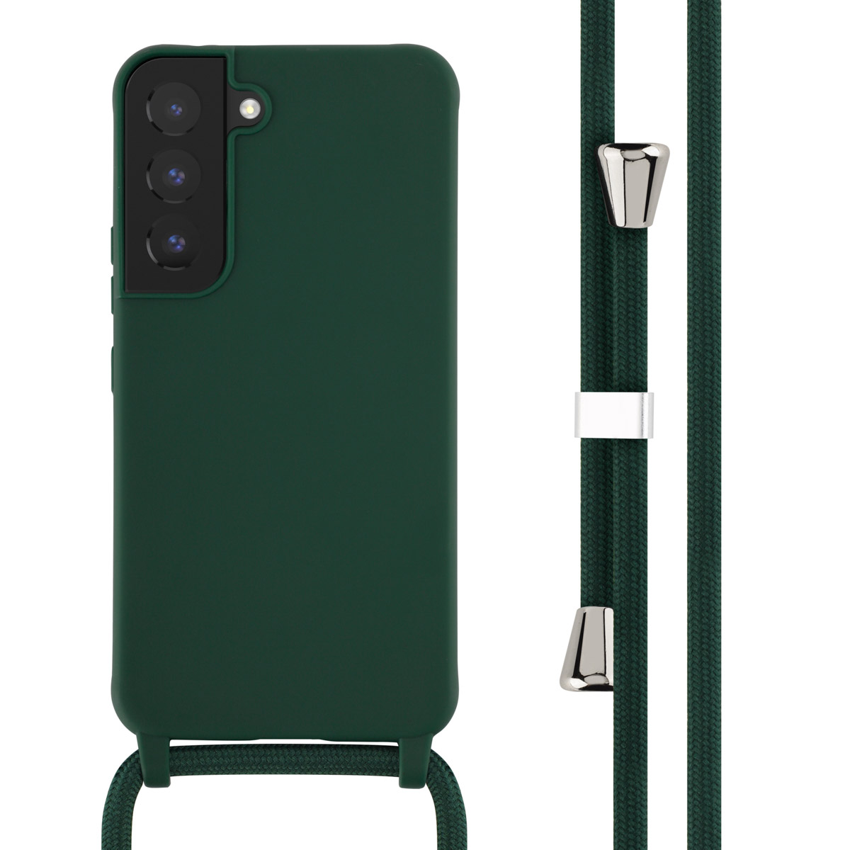 Donkergroene telefoonhoes met een riem. Camera's en riembevestigingen zijn zichtbaar.