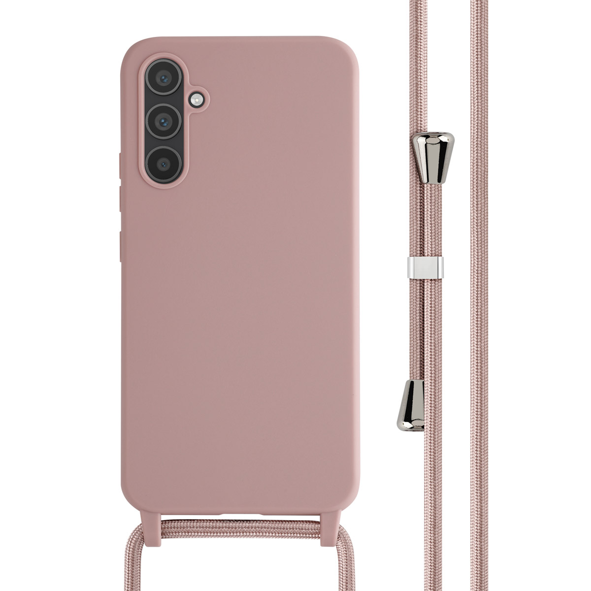 Roze telefoonhoesje met een bijpassend roze koord en een telefoon met drie camera's.