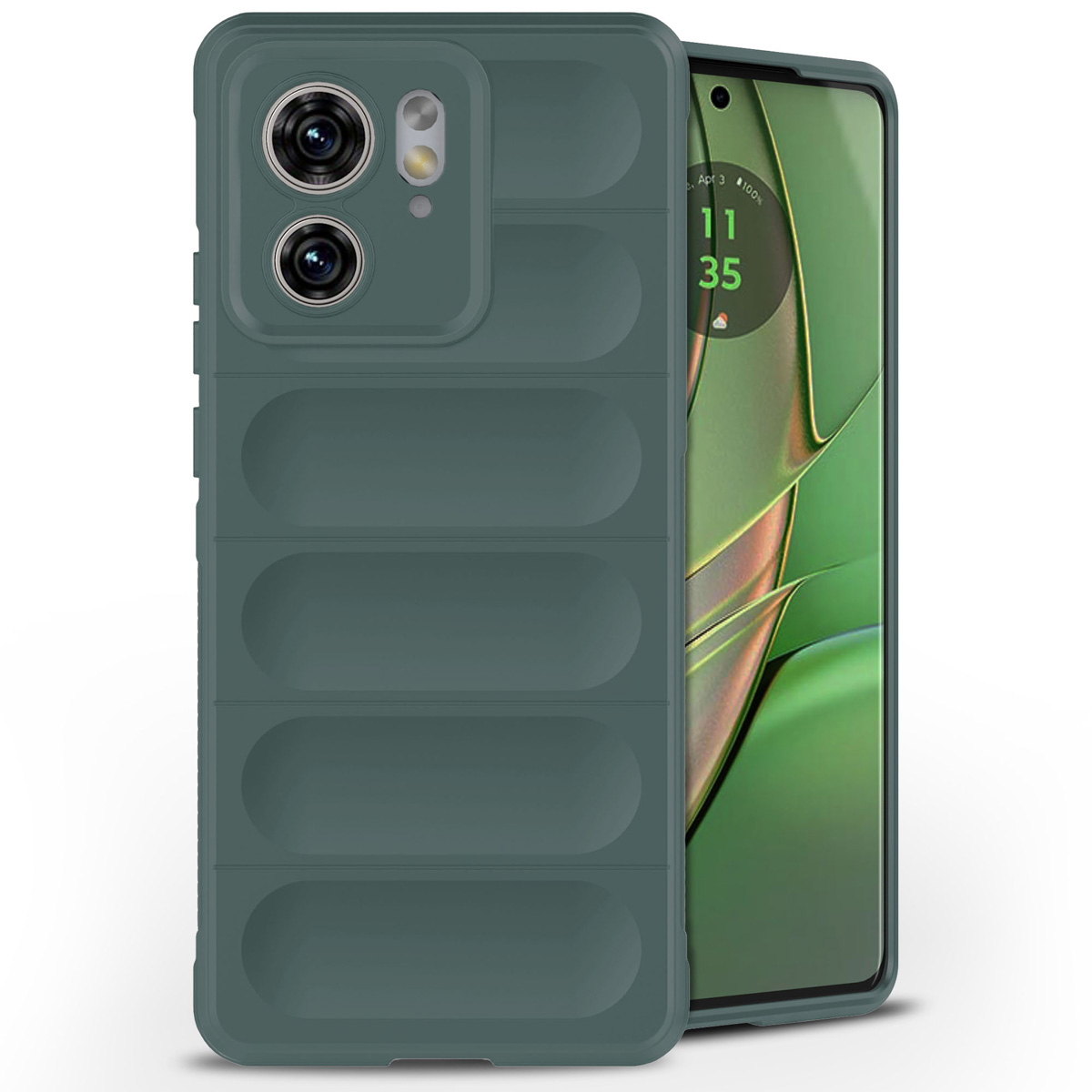 Coque de téléphone vert foncé avec un téléphone à l'intérieur. La coque a des crêtes.
