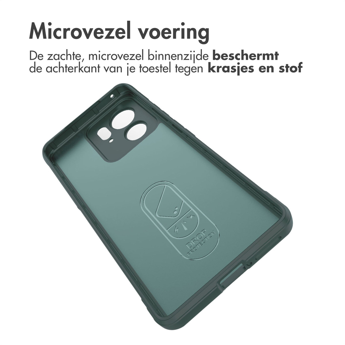 Intérieur de coque de téléphone verte avec une doublure douce, protégeant l'arrière du téléphone.