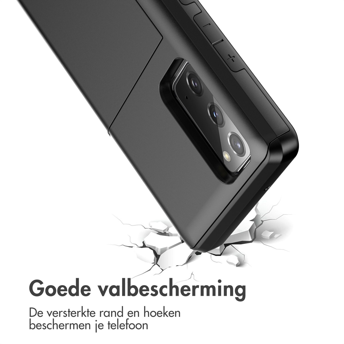 Een zwart telefoonhoesje met verstevigde hoeken breekt door een witte ondergrond.