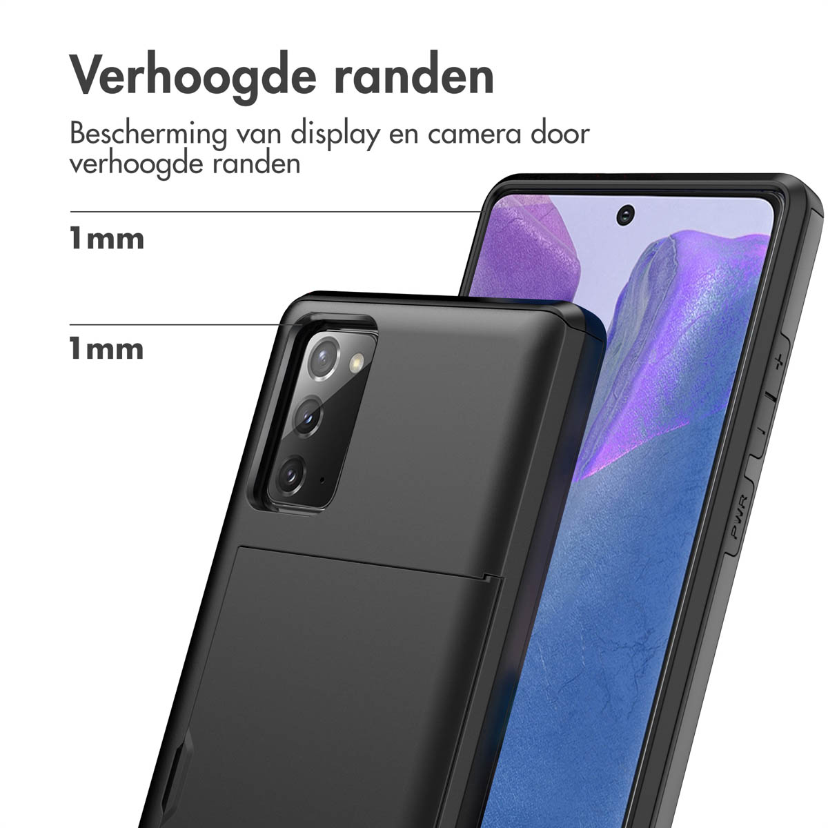 Zwarte telefoonhoes die een telefoon beschermt. Tekst zegt: Bescherming van display en camera door verhoogde randen.