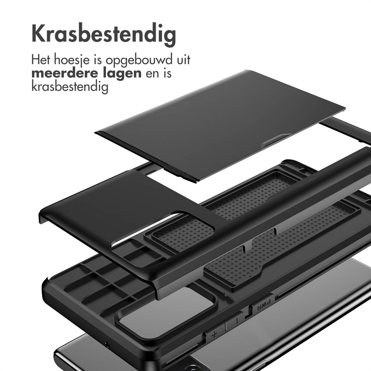Explosie weergave van een meerlagige zwarte telefoonhoes.