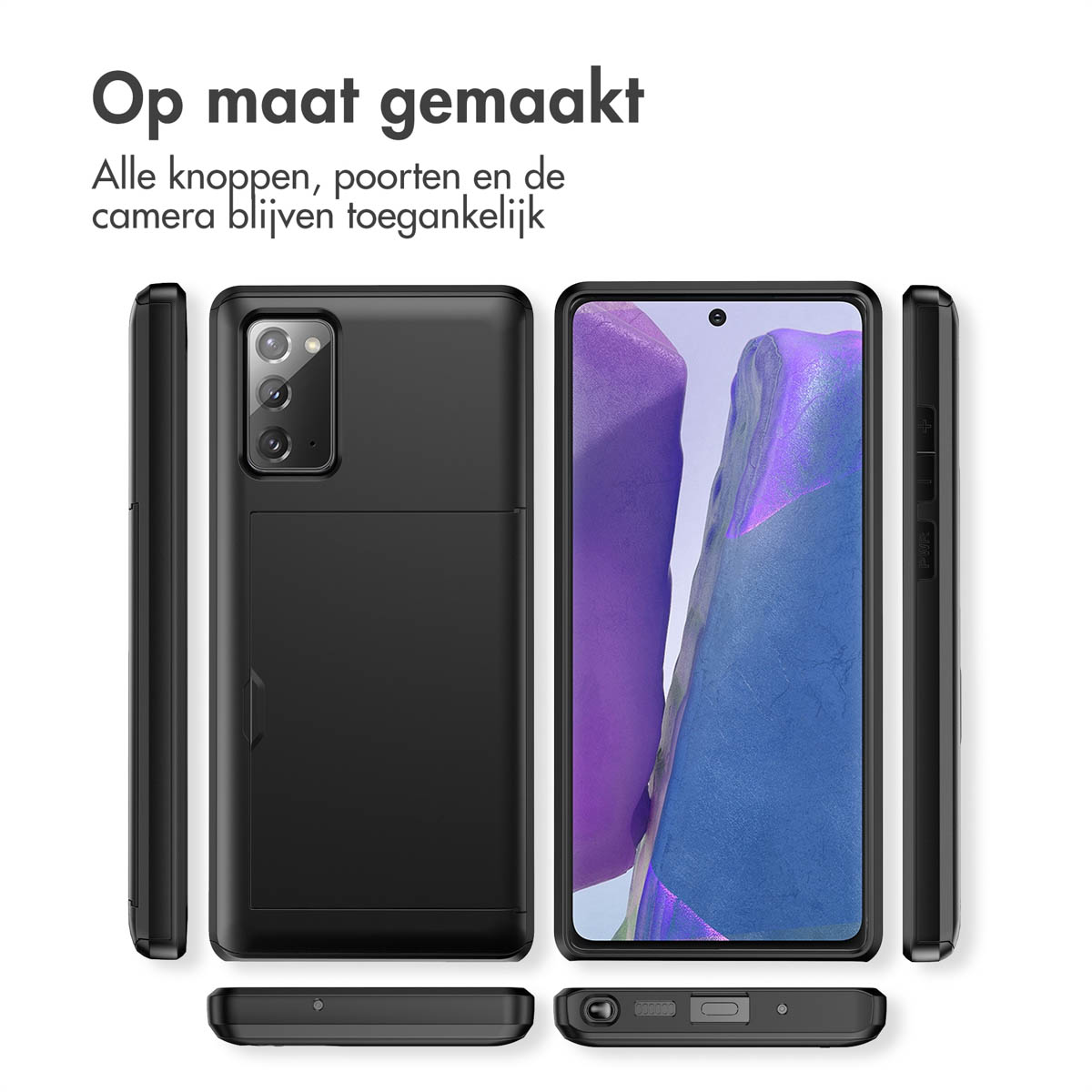 Zwarte telefoonhoes van meerdere kanten getoond met camera-opening.
