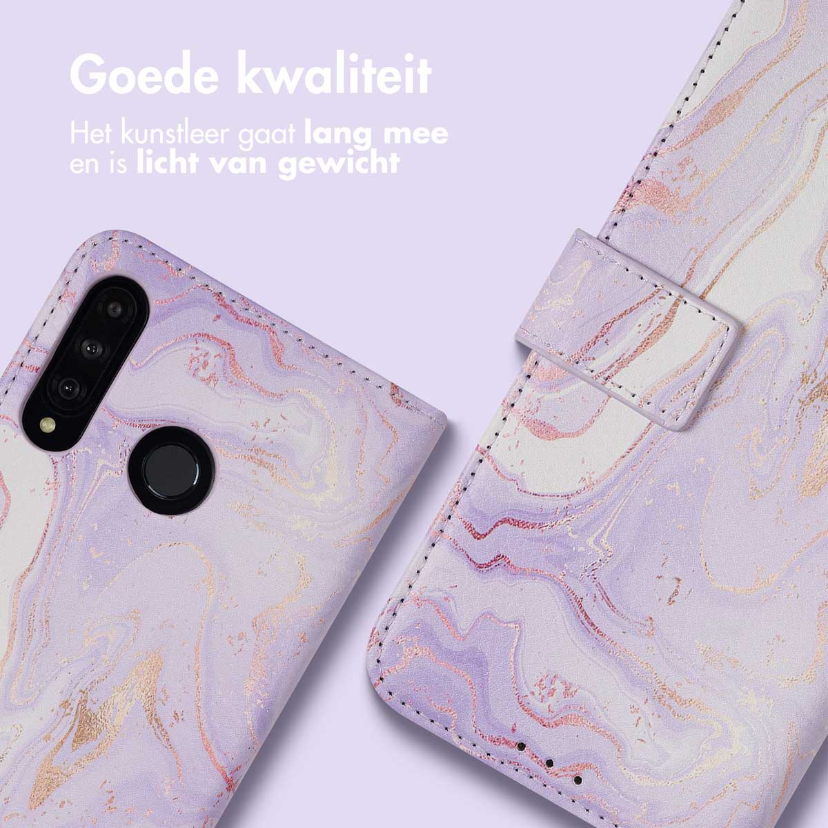 Custodia e portafoglio per telefono con motivo marmorizzato, con un design viola e oro.