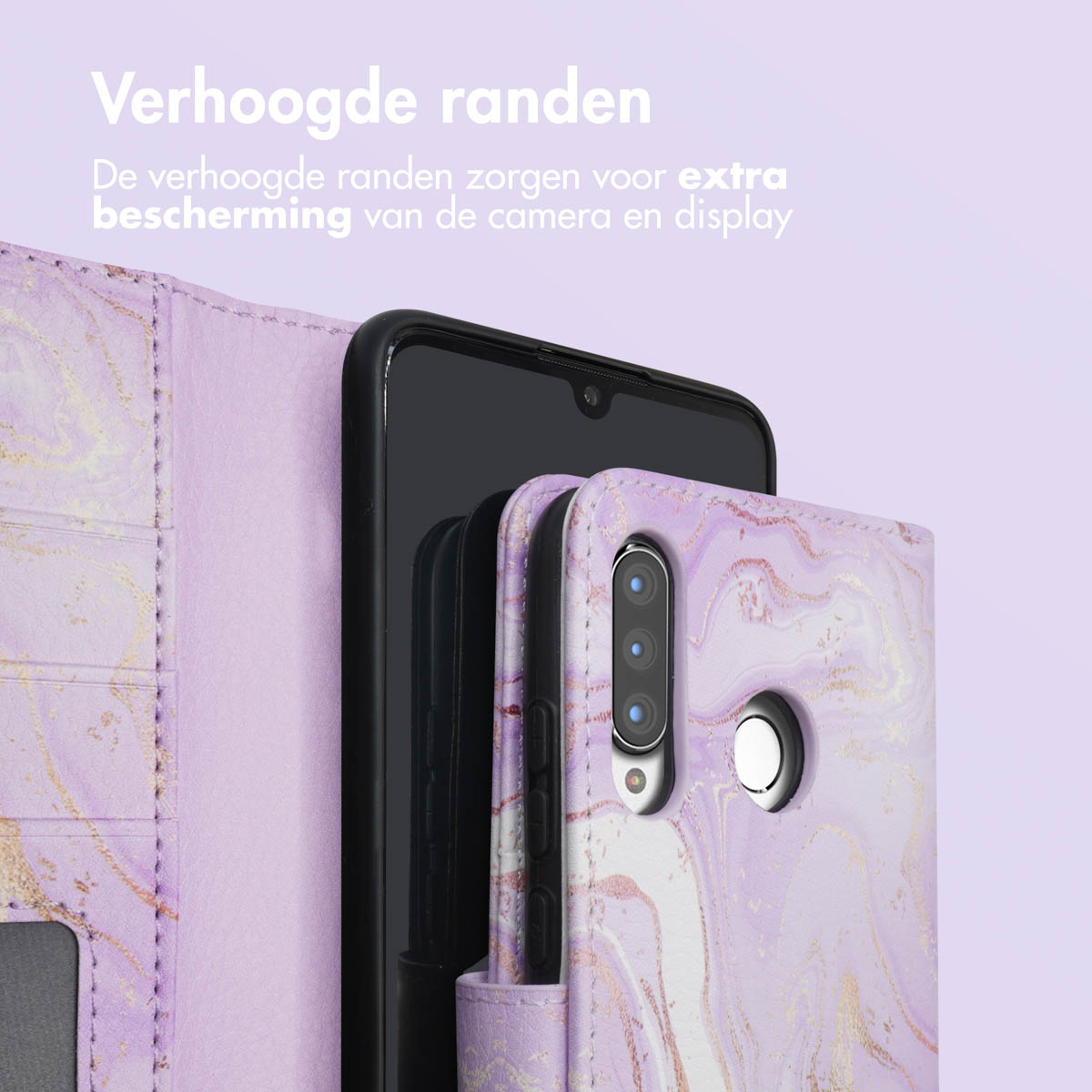 Custodia viola in marmo con bordi rialzati protegge fotocamera e display.