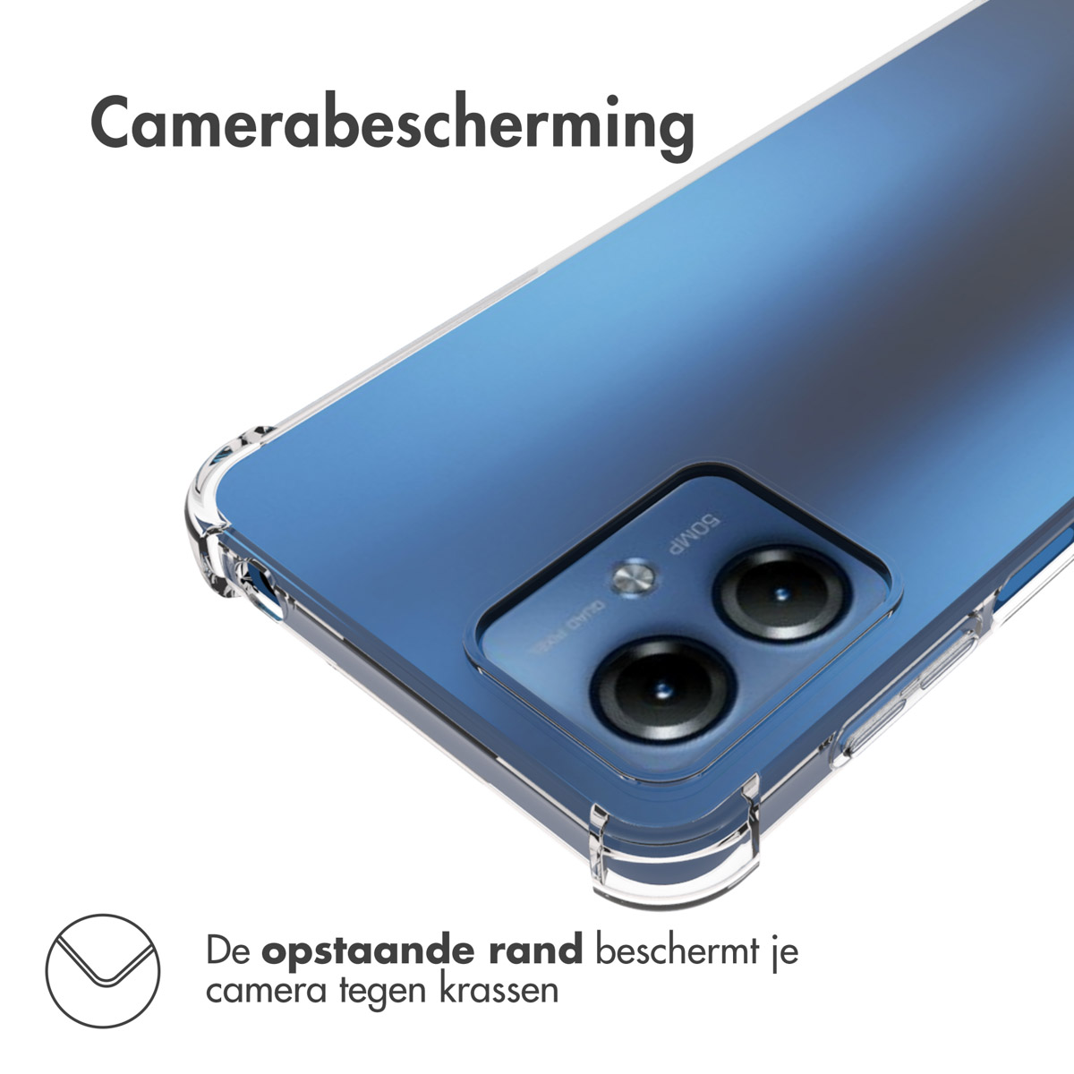 Custodia trasparente per telefono su un telefono blu. La custodia protegge la fotocamera.