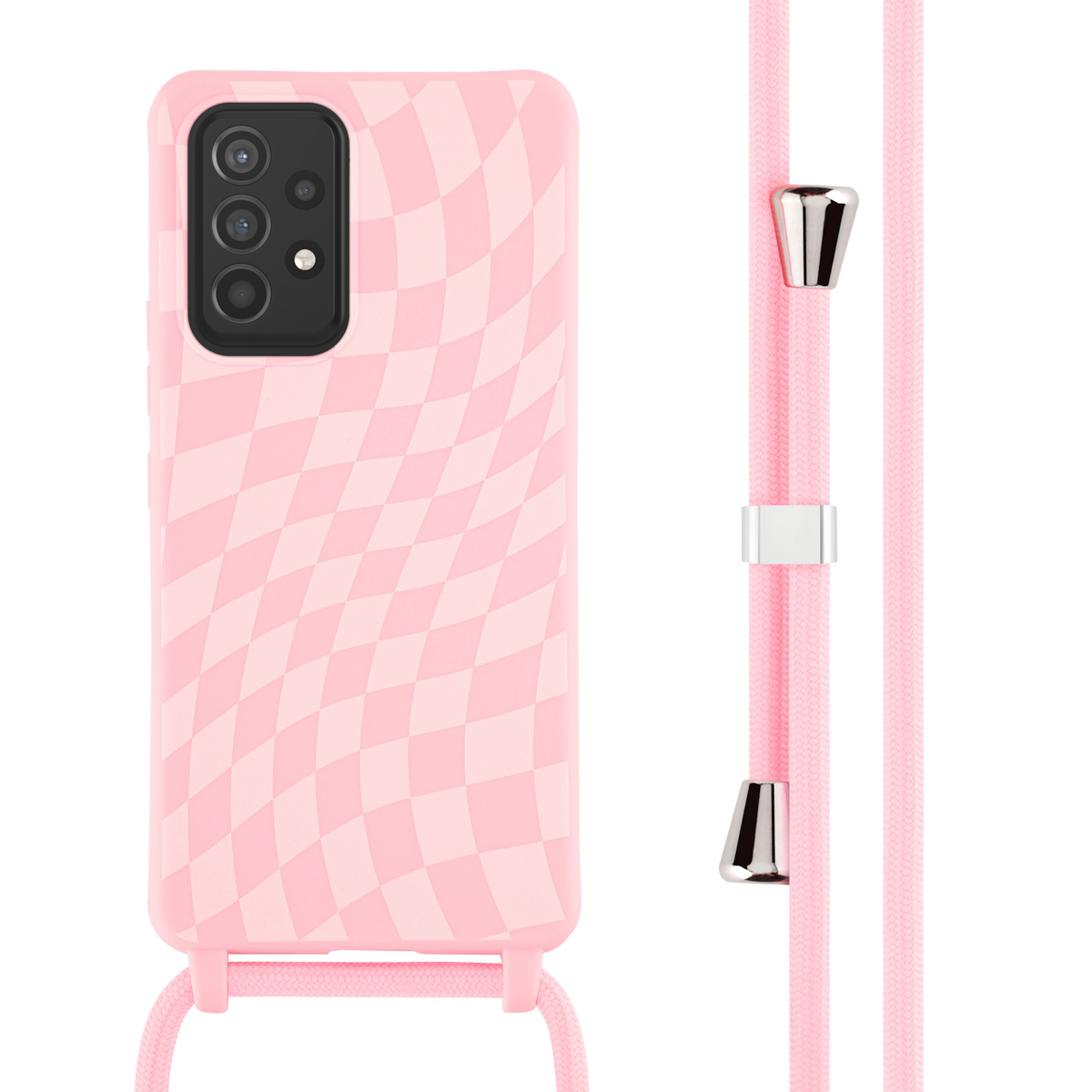Coque rose à carreaux et lanière rose. Détails argentés et noirs. Téléphone dans la coque.