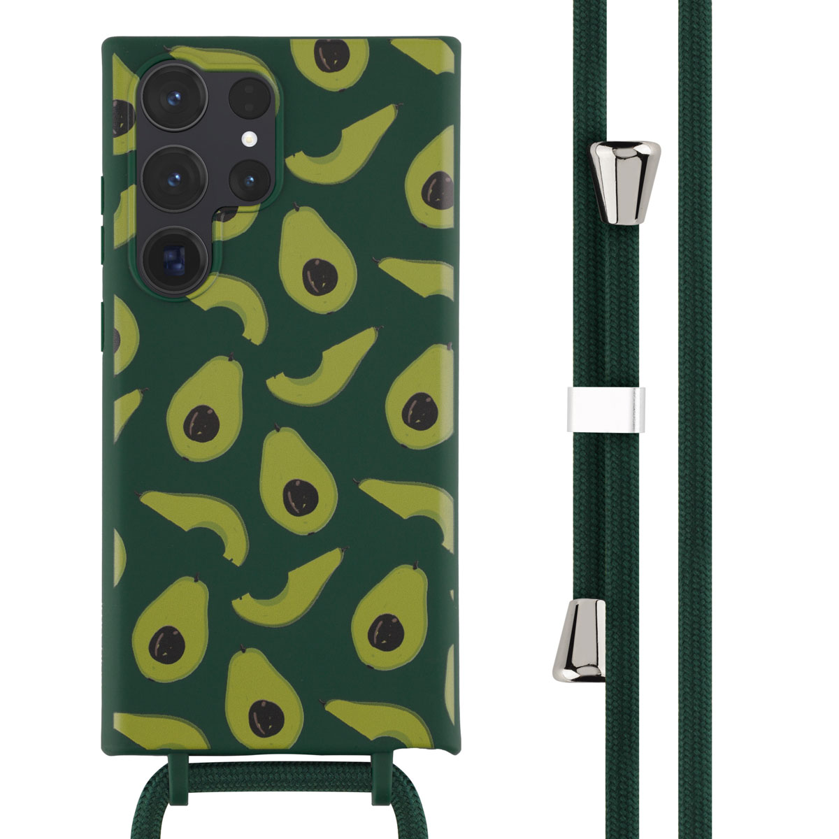 Groene telefoonhoes met avocadopatroon, groene lanyard met zilveren details, op witte achtergrond.