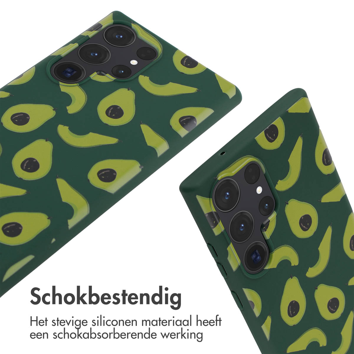 Donkergroene telefoonhoes met avocado's, twee hoesjes zichtbaar.
