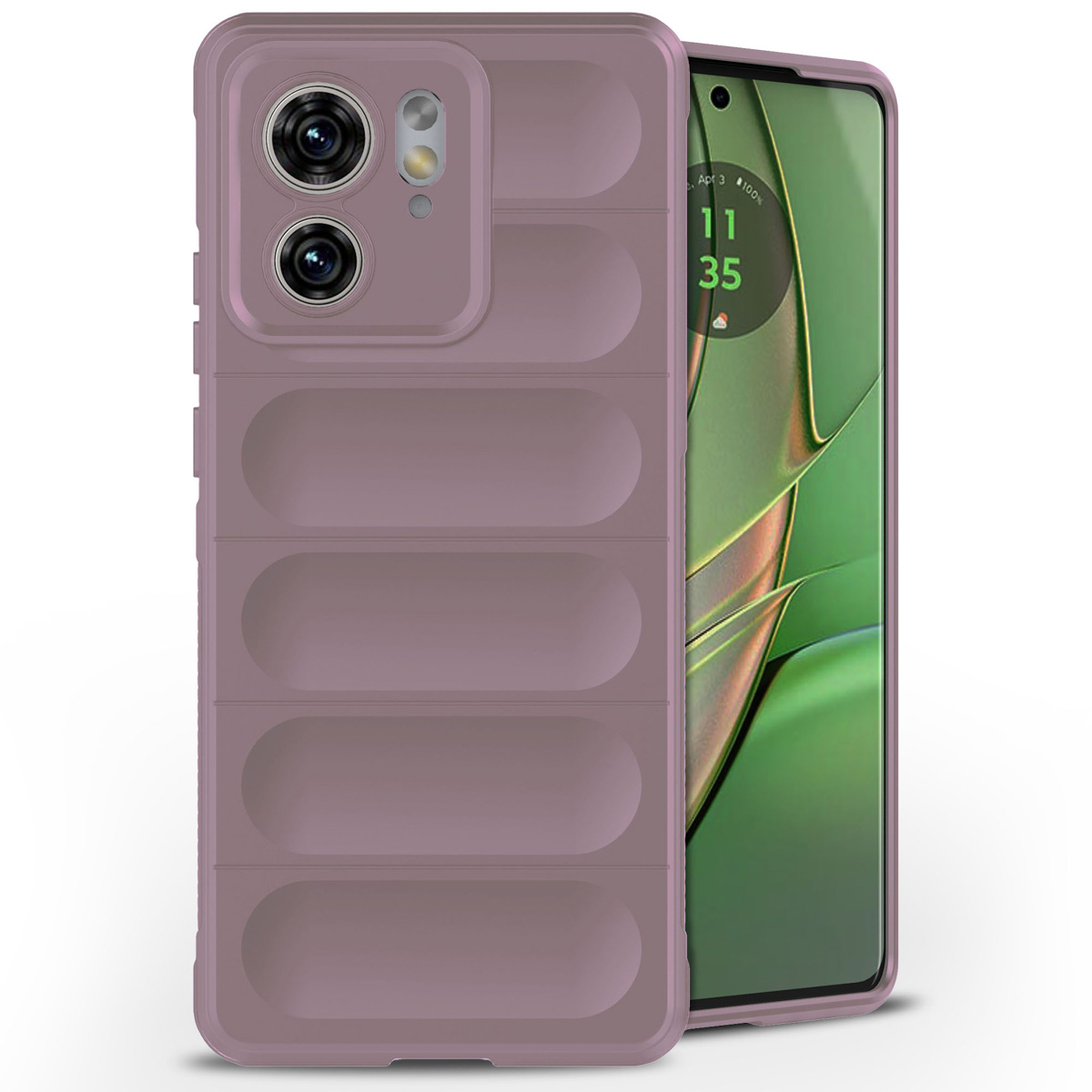 Coque de téléphone violette avec un design nervuré. Le téléphone est visible à droite. La coque a deux objectifs.