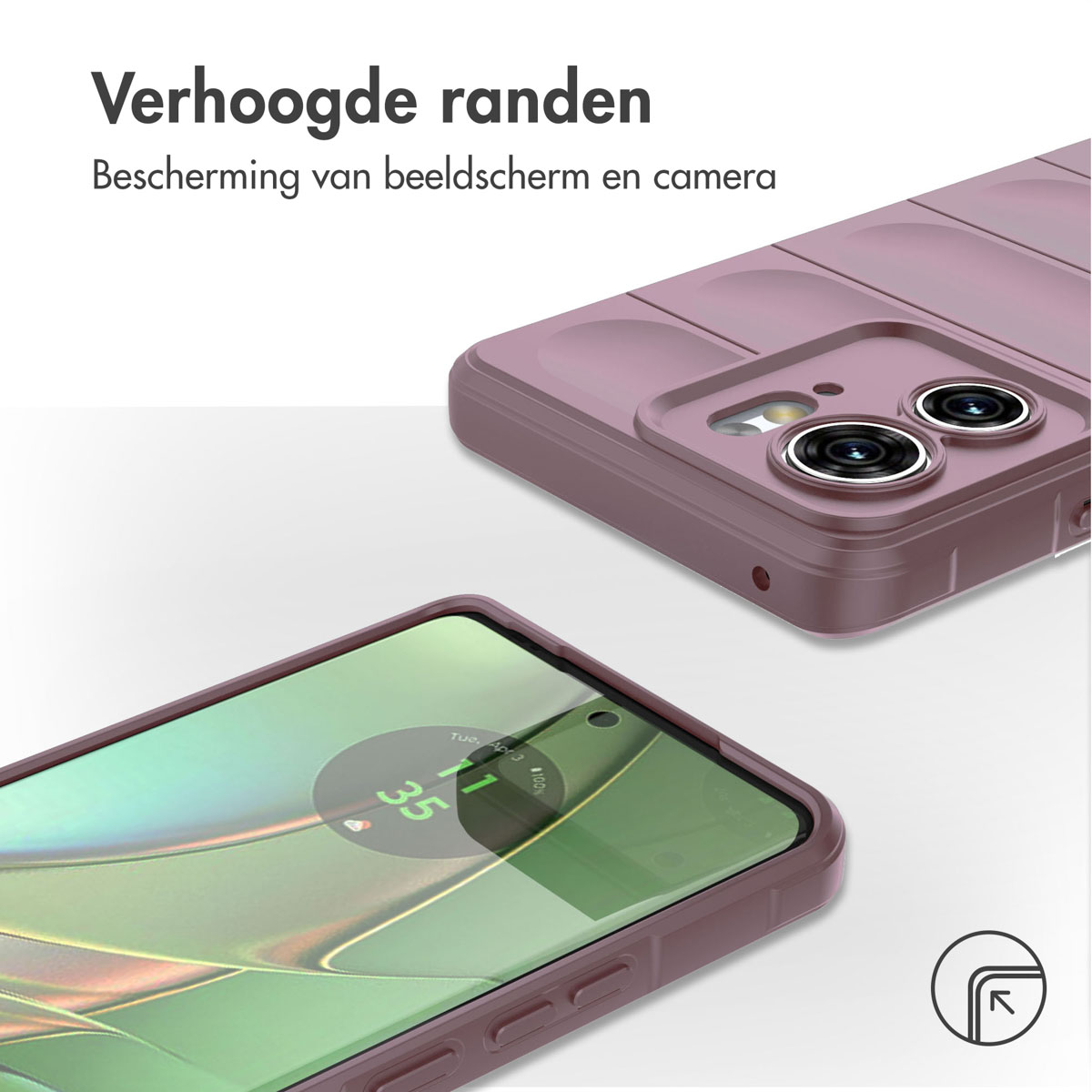 Coque de téléphone violette avec un téléphone à l'intérieur. La coque a une caméra. Fond blanc.