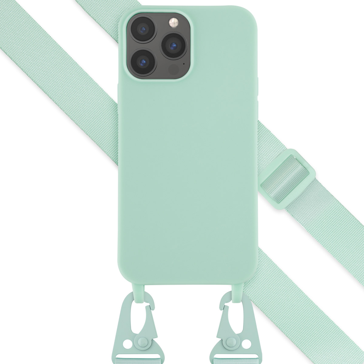 Une coque de téléphone vert menthe avec une sangle. La coque a des crochets.