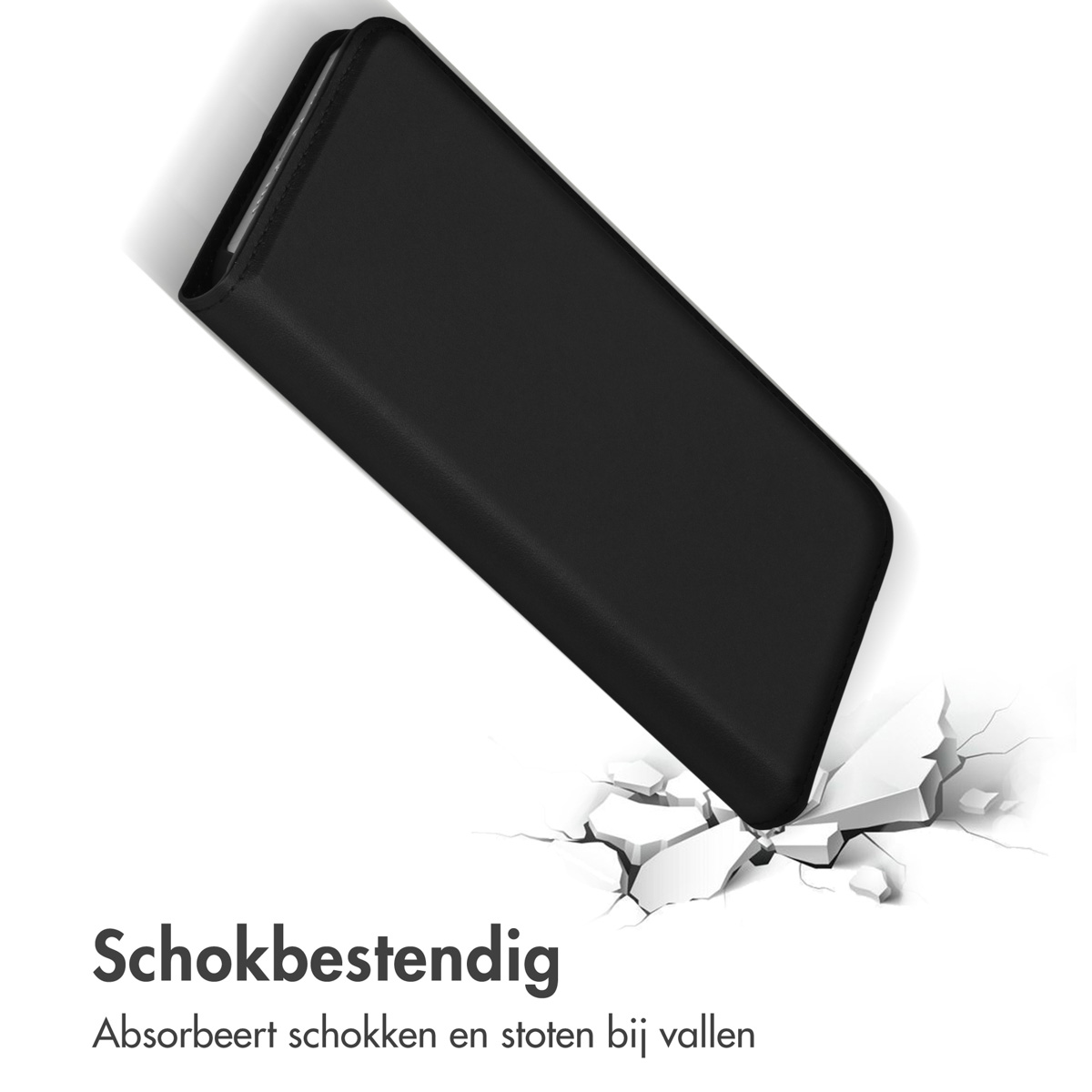 Zwarte telefoonhoes valt en barst een oppervlak. De hoes absorbeert schokken.