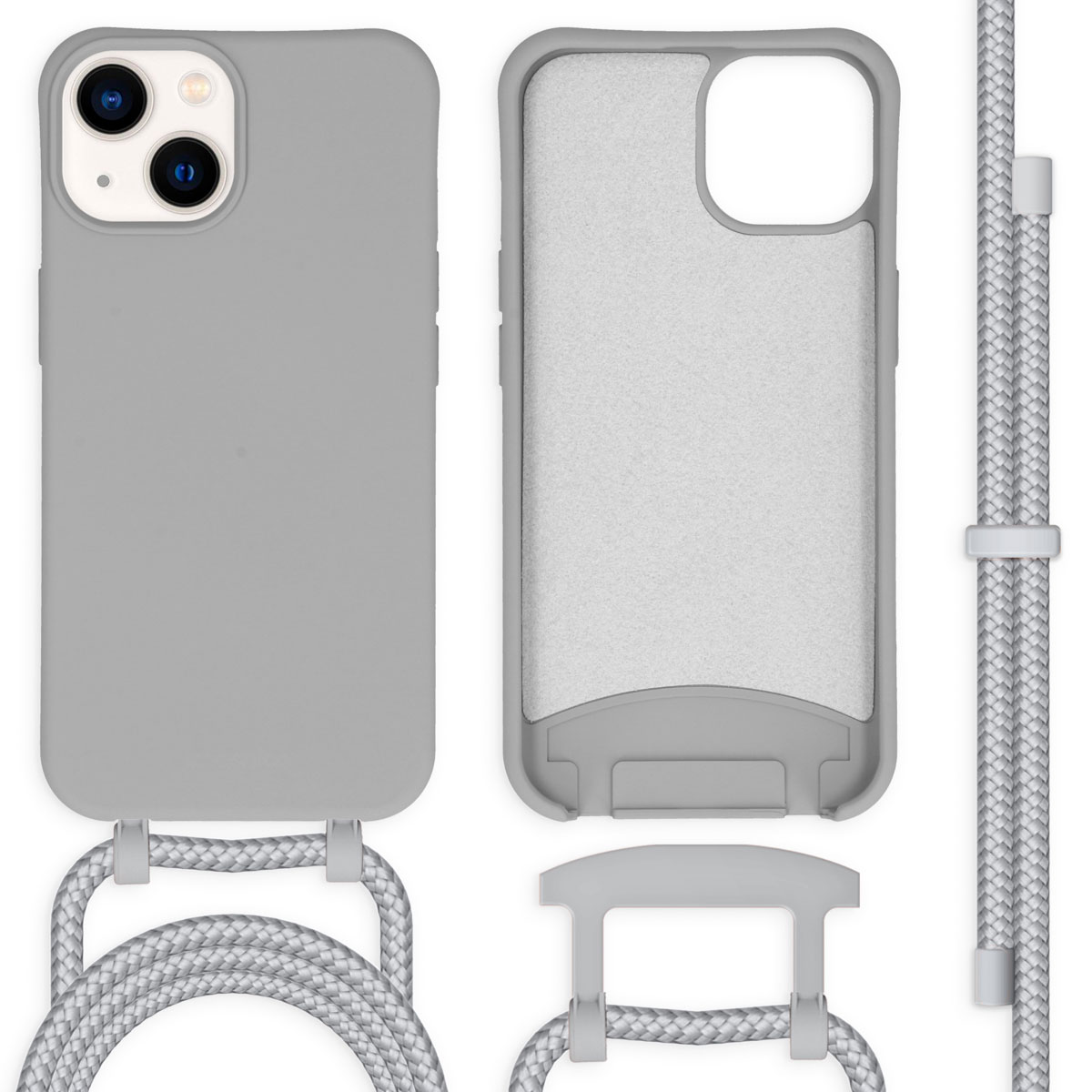 Coque de téléphone grise avec un cordon gris et un support de cordon gris amovible.