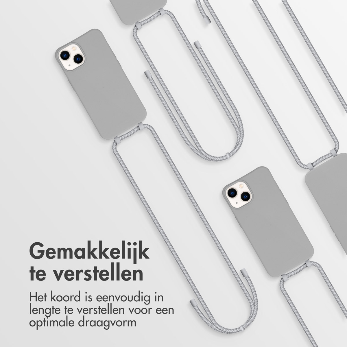 Coques de téléphone grises avec cordons gris. Plusieurs coques sur la surface.