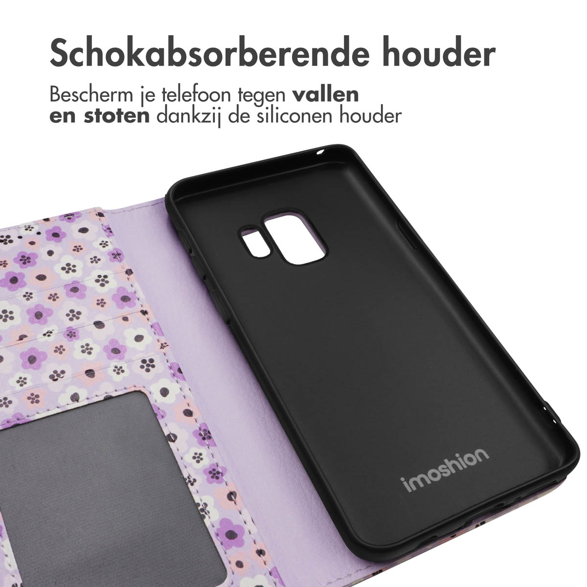 Open telefoonhoesje met bloemenpatroon, zwarte telefoon erin, tekst: schokabsorberende houder.