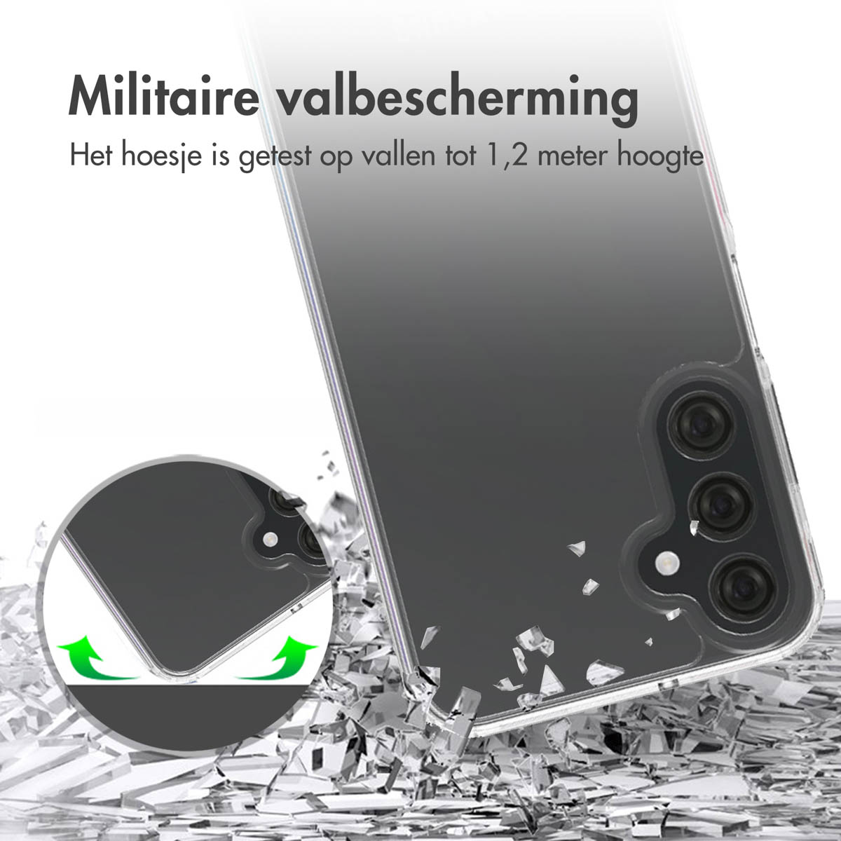 La custodia del telefono cade e frantuma una superficie. Protezione dalle cadute di grado militare.
