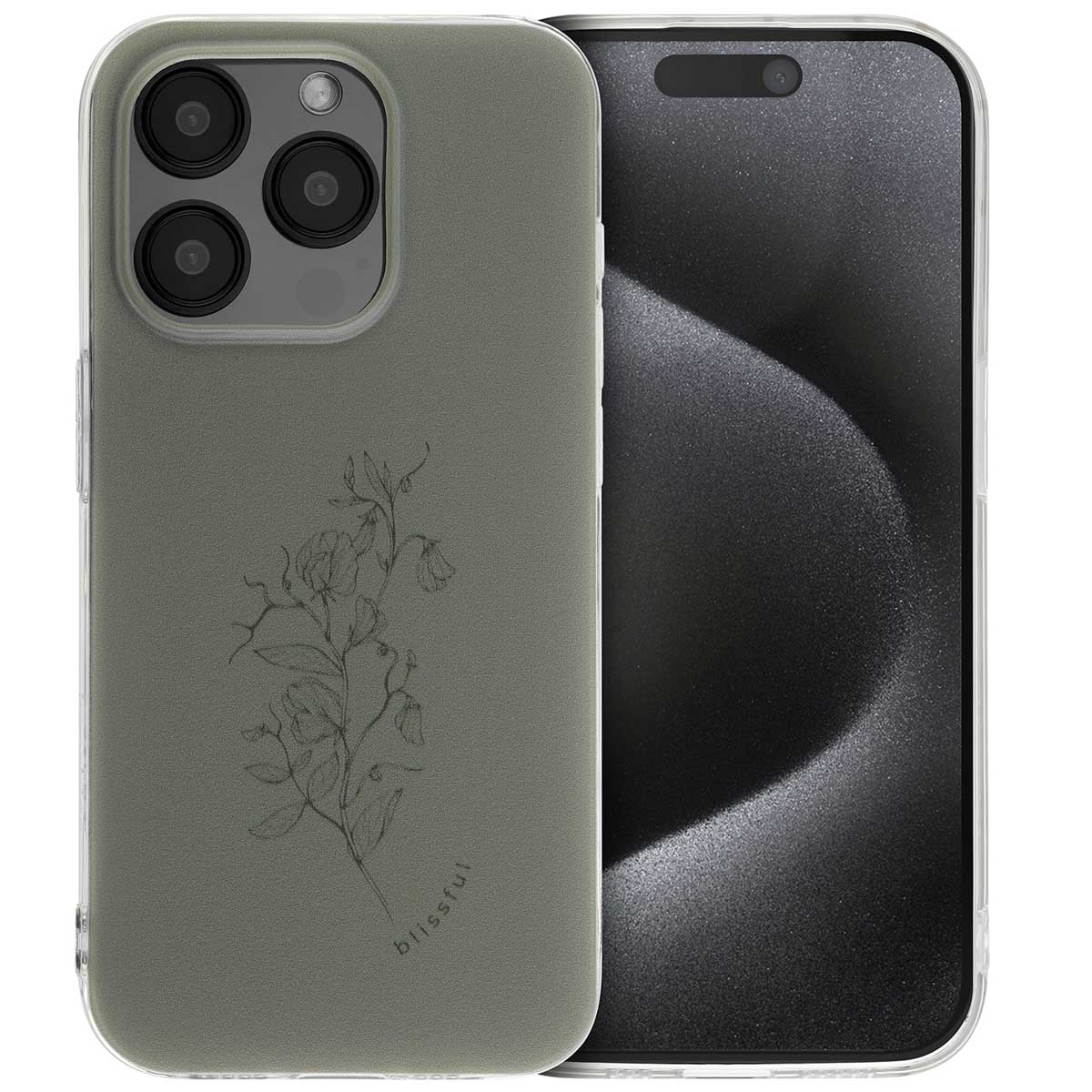 Groene telefoonhoes met een bloemenontwerp en telefoon. De telefoon staat op een oppervlak. De hoes is groen.