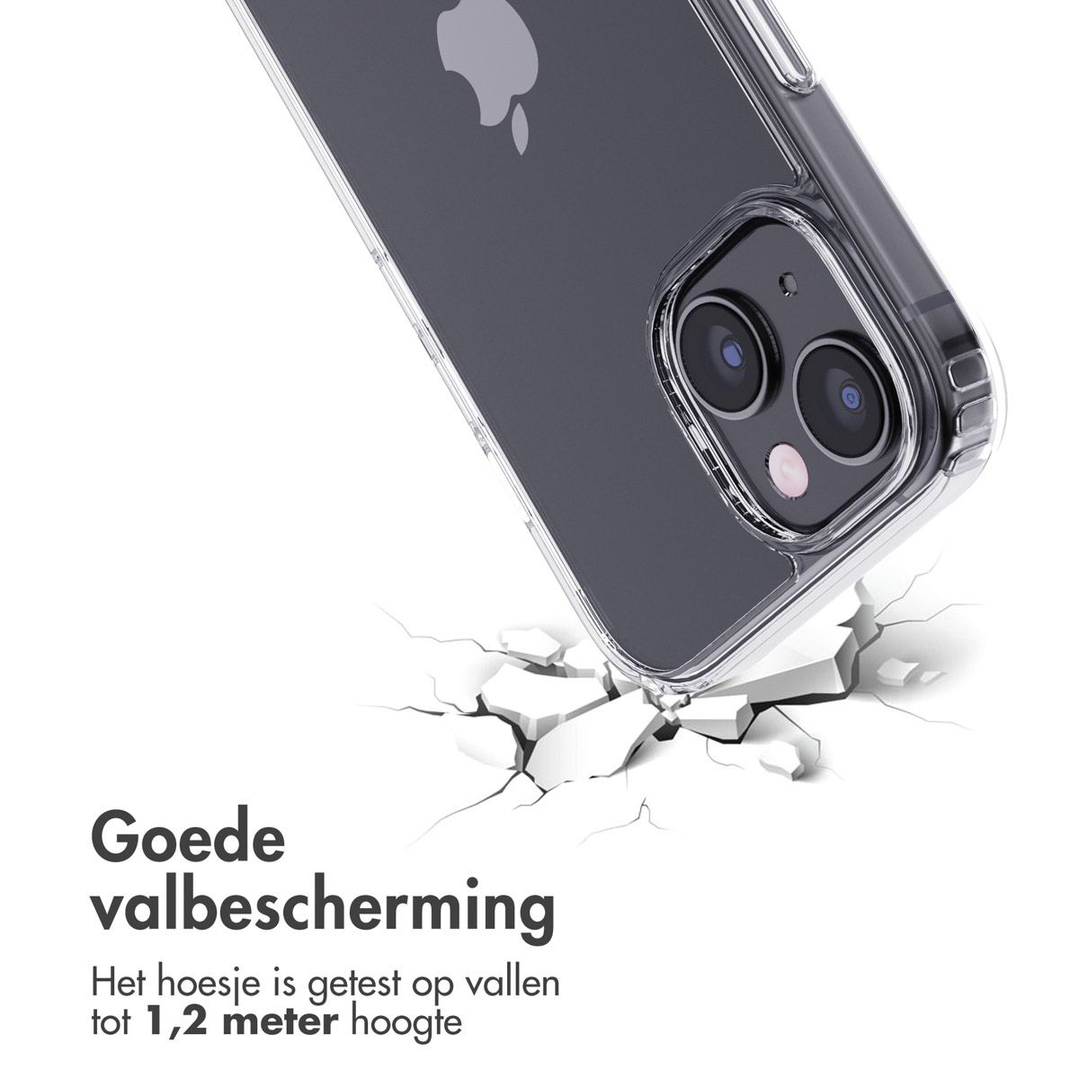 Un iPhone dans une coque transparente tombe, des fissures apparaissent au sol. Le texte dit 'Bonne protection contre les chutes'.