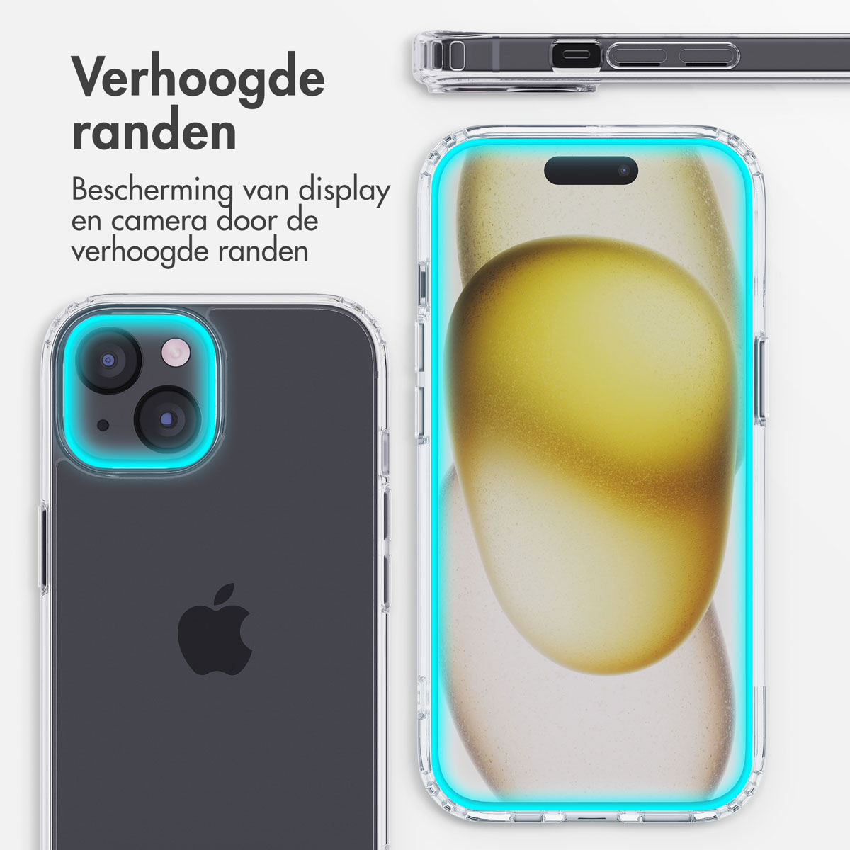 Coque transparente avec bords surélevés protégeant l'écran et l'appareil photo.