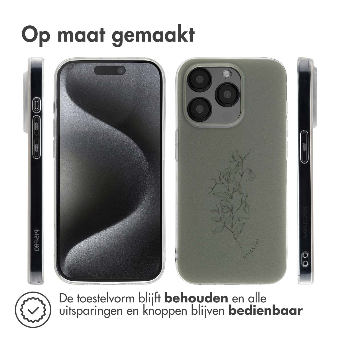 Afbeelding toont telefoonhoesjes: één zwart, één olijfgroen. Hoesjes worden met een telefoon getoond om de pasvorm te laten zien.