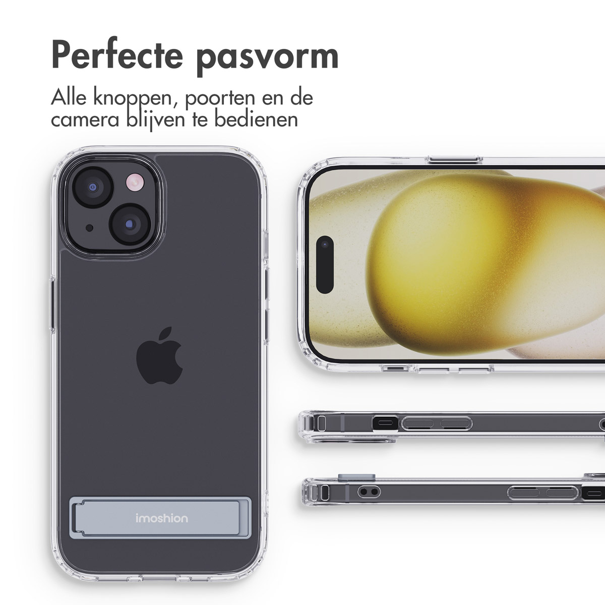 Coque de téléphone transparente avec support intégré et logo Apple.