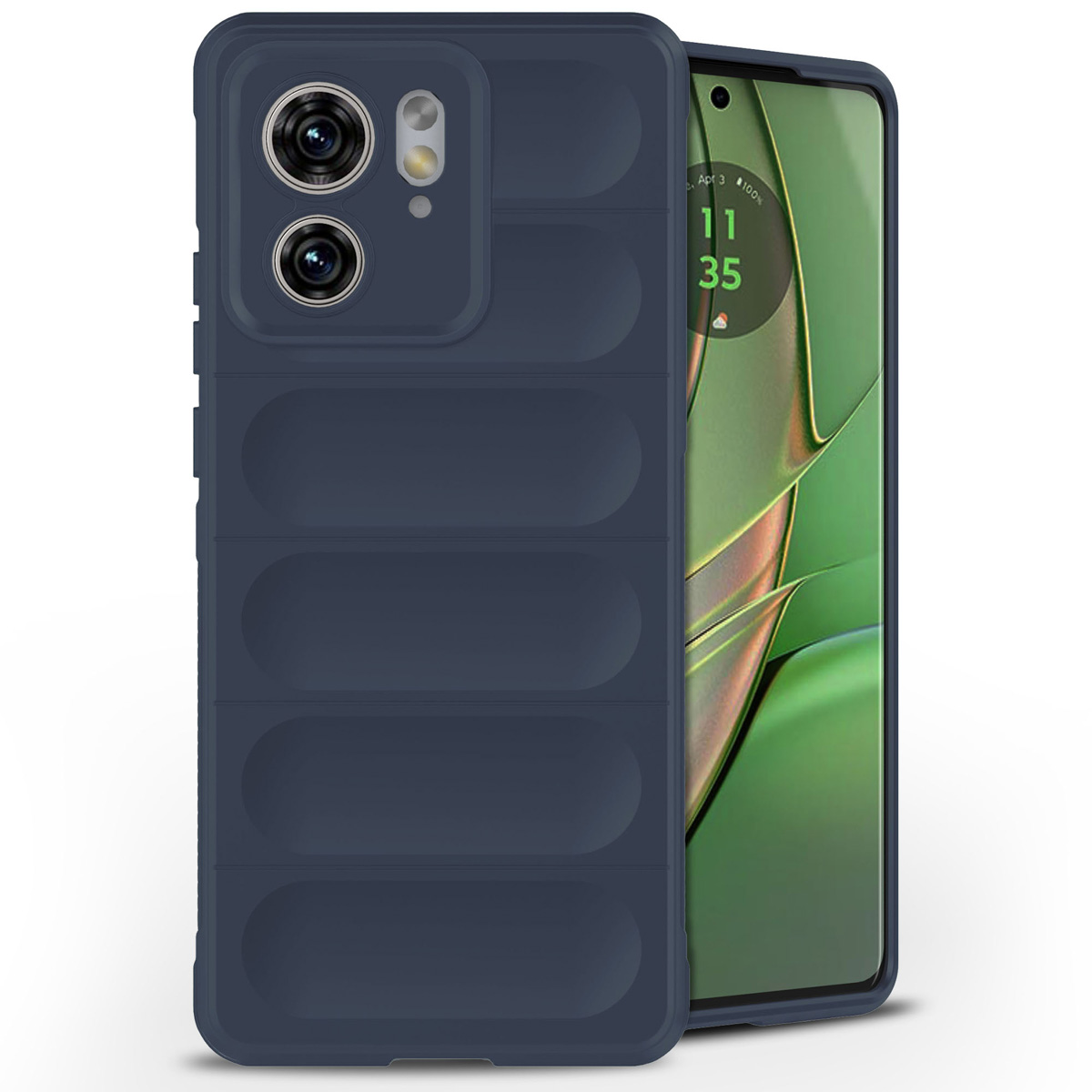 Coque de téléphone bleue avec un téléphone à l'intérieur. La coque a une caméra. Fond blanc.