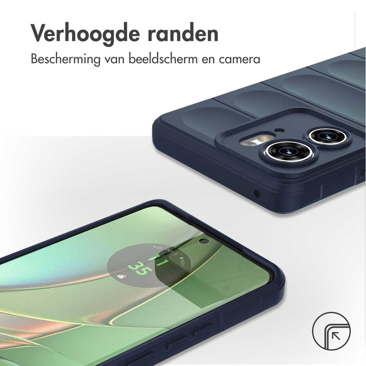 Coque de téléphone bleu foncé, avec un gros plan sur la zone de la caméra. La coque est sur un téléphone.