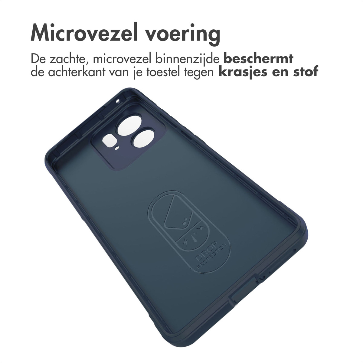 Coque de téléphone bleu foncé avec doublure intérieure en microfibre, un logo de protection contre les chutes. Fond blanc.