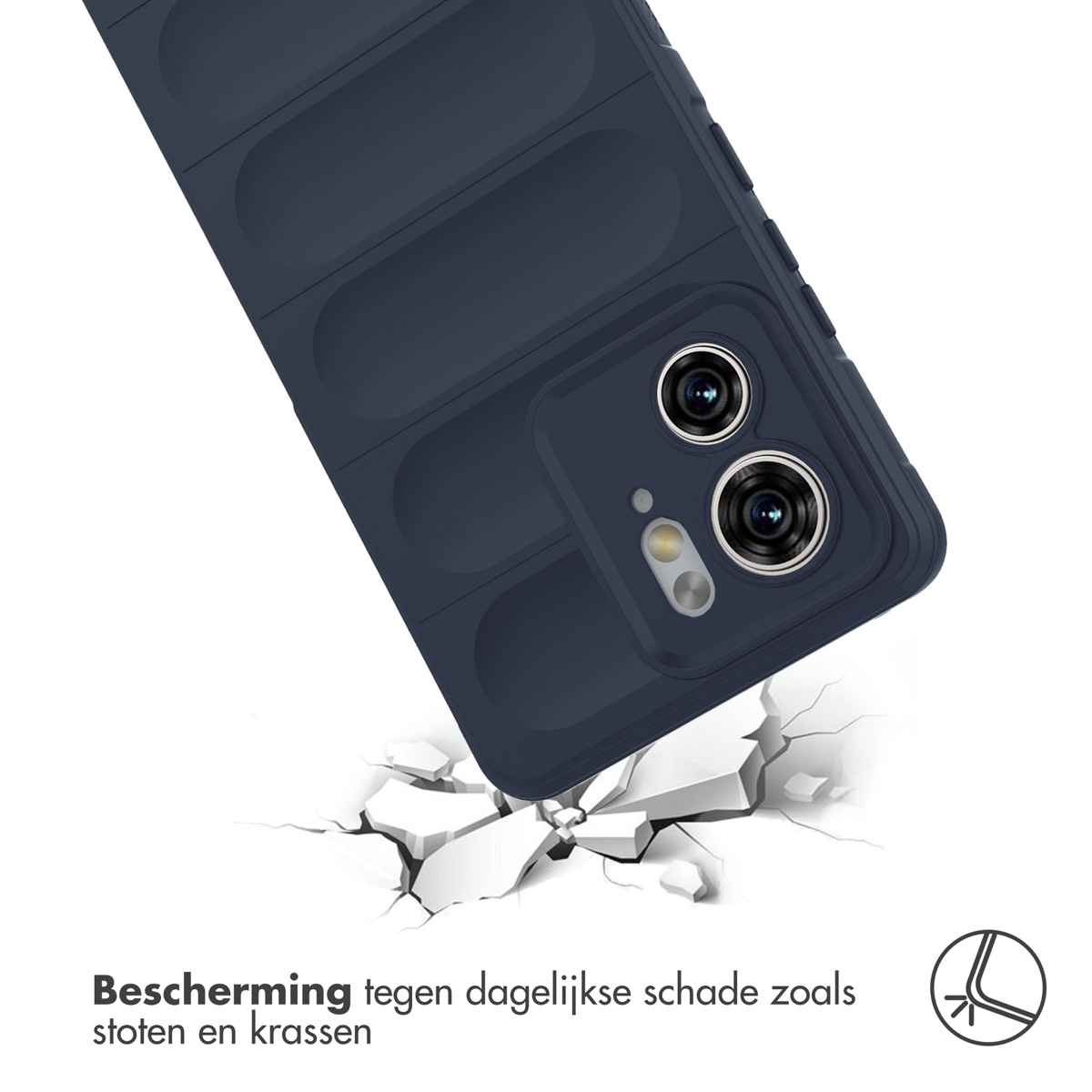 Coque de téléphone bleu marine avec design côtelé. Téléphone tombant, sol fissuré.