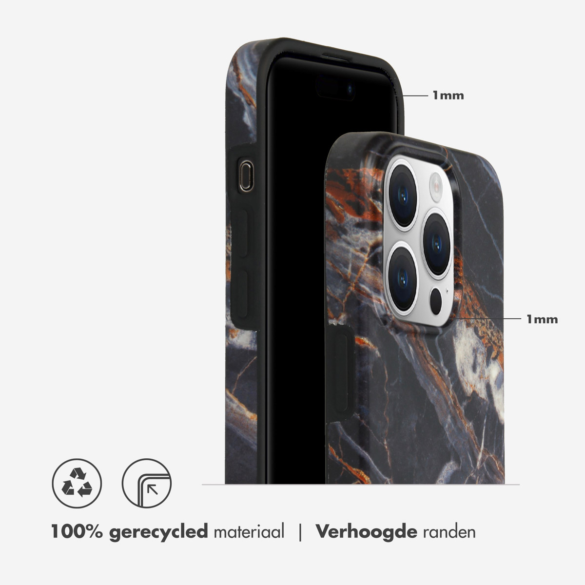 Due custodie per telefono con motivo marmorizzato, una su un telefono. Bordo rialzato 1mm.
