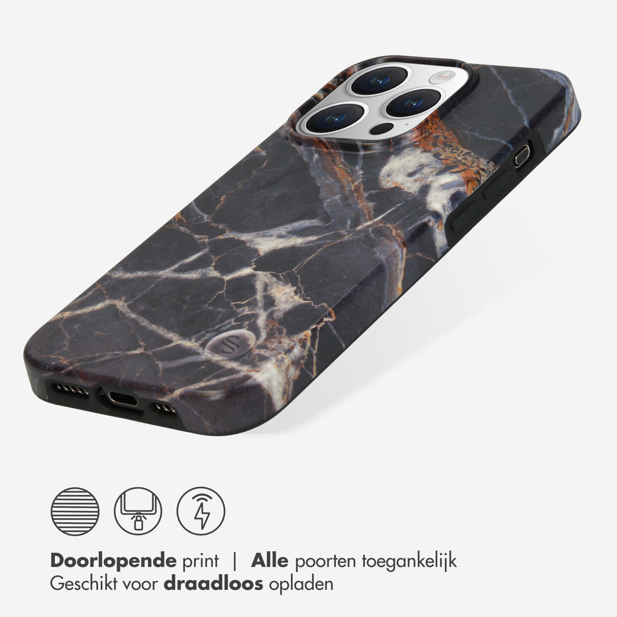 Custodia iPhone in marmo nero con ritaglio fotocamera e logo.
