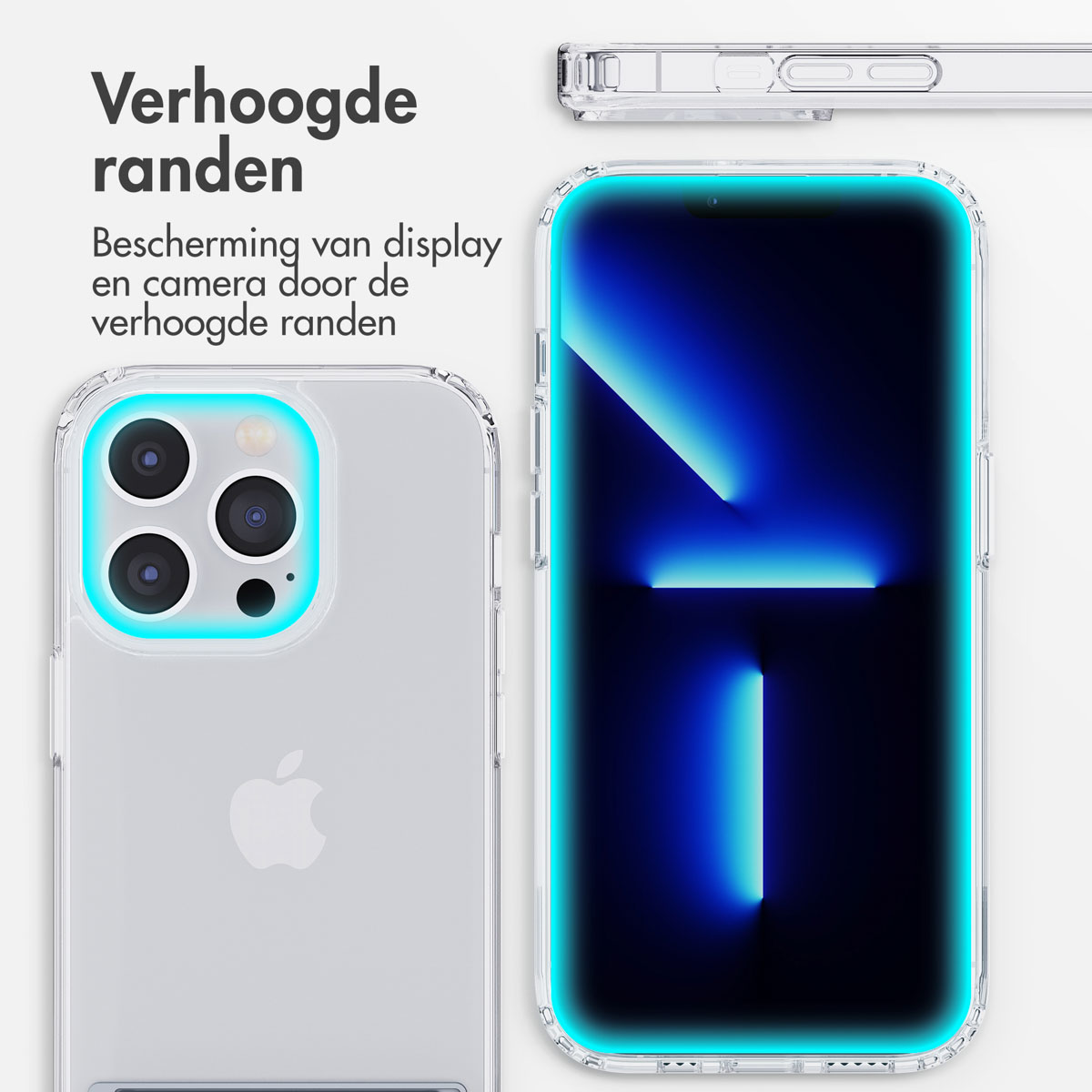 Coque transparente avec bords surélevés protégeant l'appareil photo et l'écran.