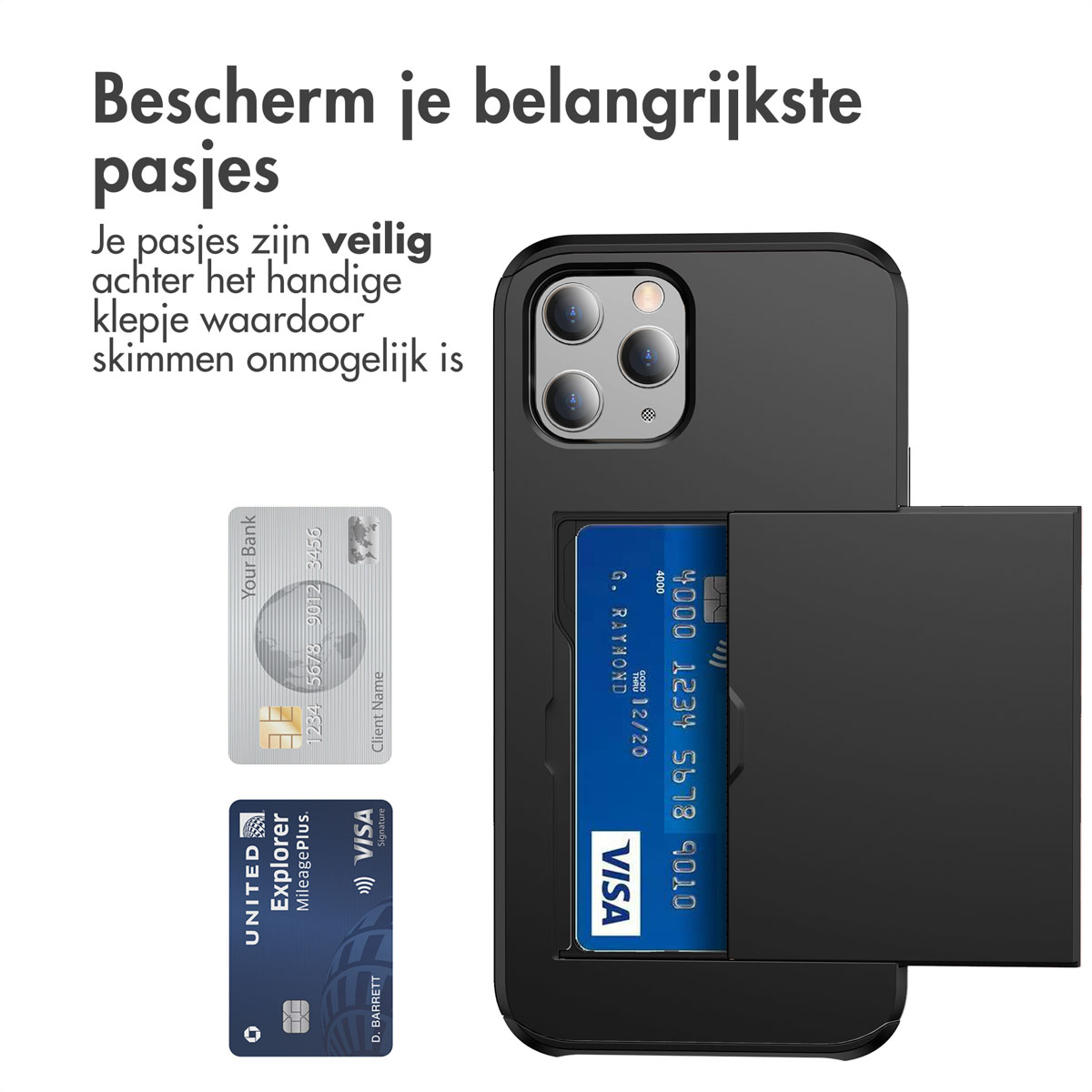 Coque de téléphone noire qui s'ouvre pour révéler des emplacements pour cartes de crédit. Il y a aussi des cartes de crédit.