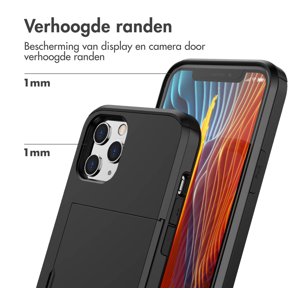 Téléphone noir dans un étui. Texte: Bords surélevés. Protection écran et caméra.