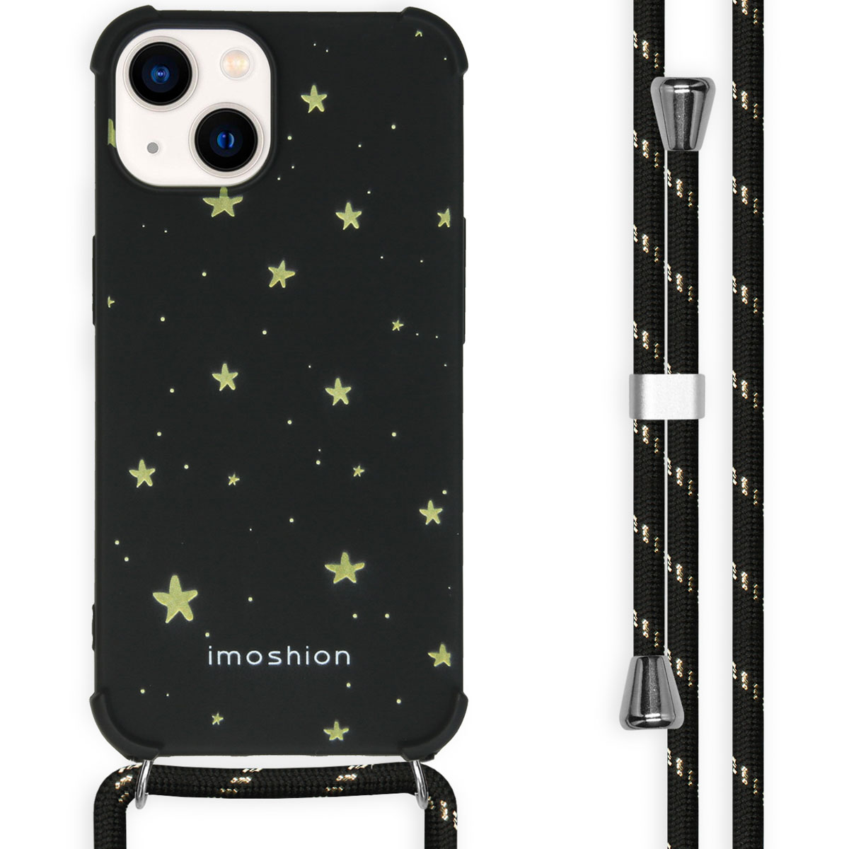 Coque noire avec étoiles jaunes et cordon tressé.