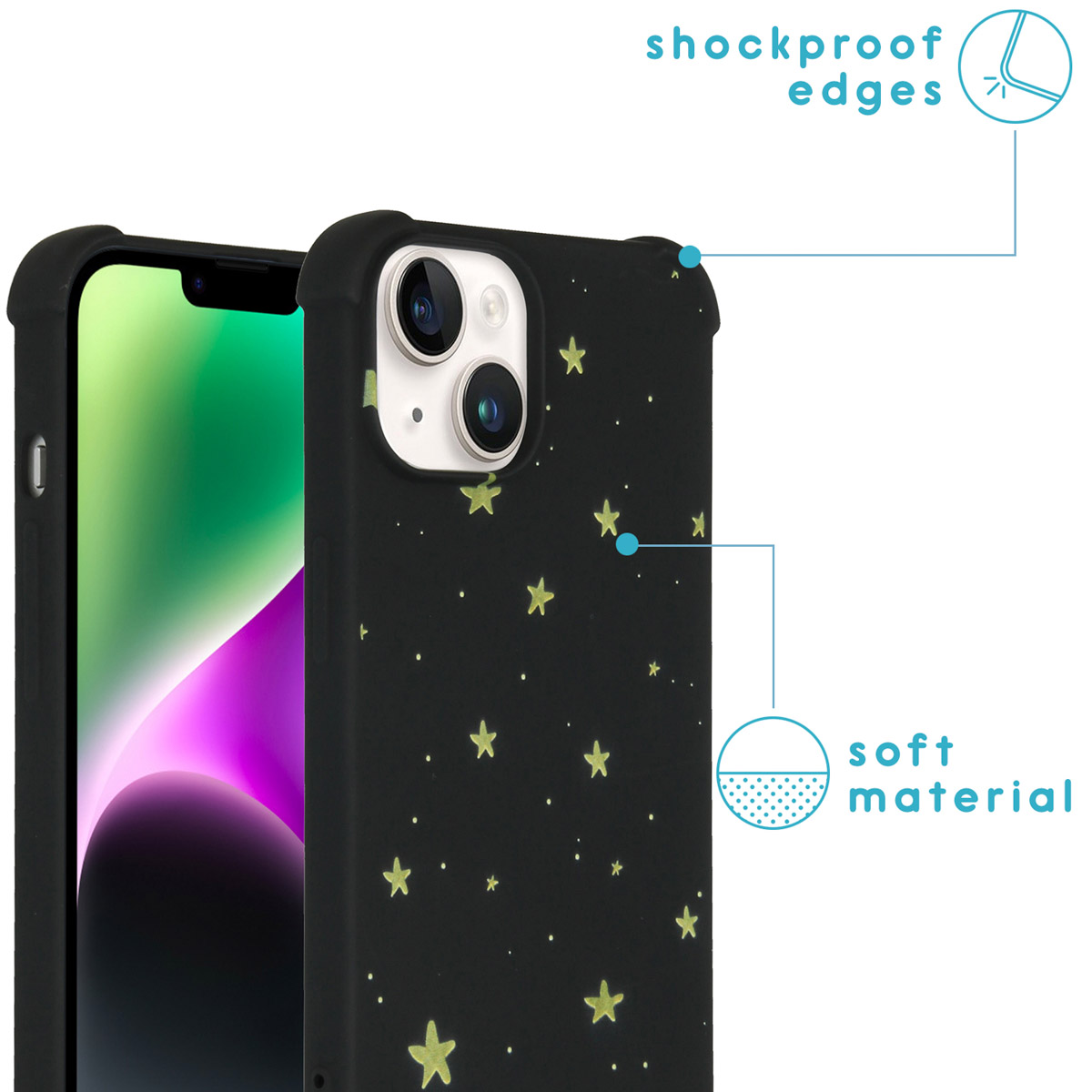 Coque de téléphone noire avec étoiles jaunes, bords antichoc et matière souple.