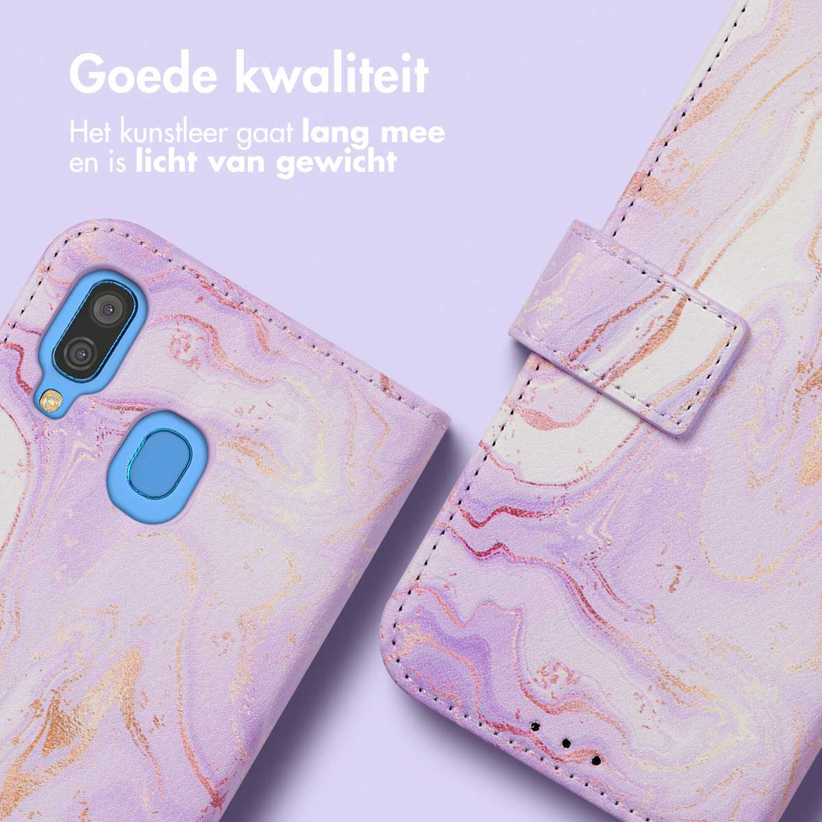 Paarse marmeren telefoonhoes met cameragat en magneetsluiting.