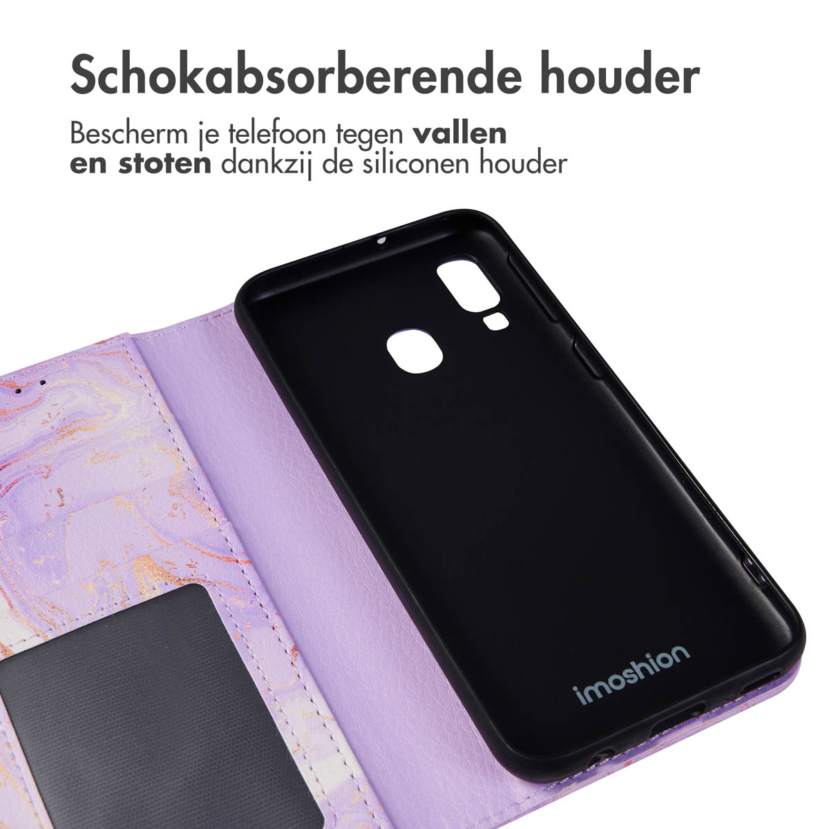 Zwarte telefoonhoes met paarse marmeren flip cover. Toont de achterkant van de hoes.