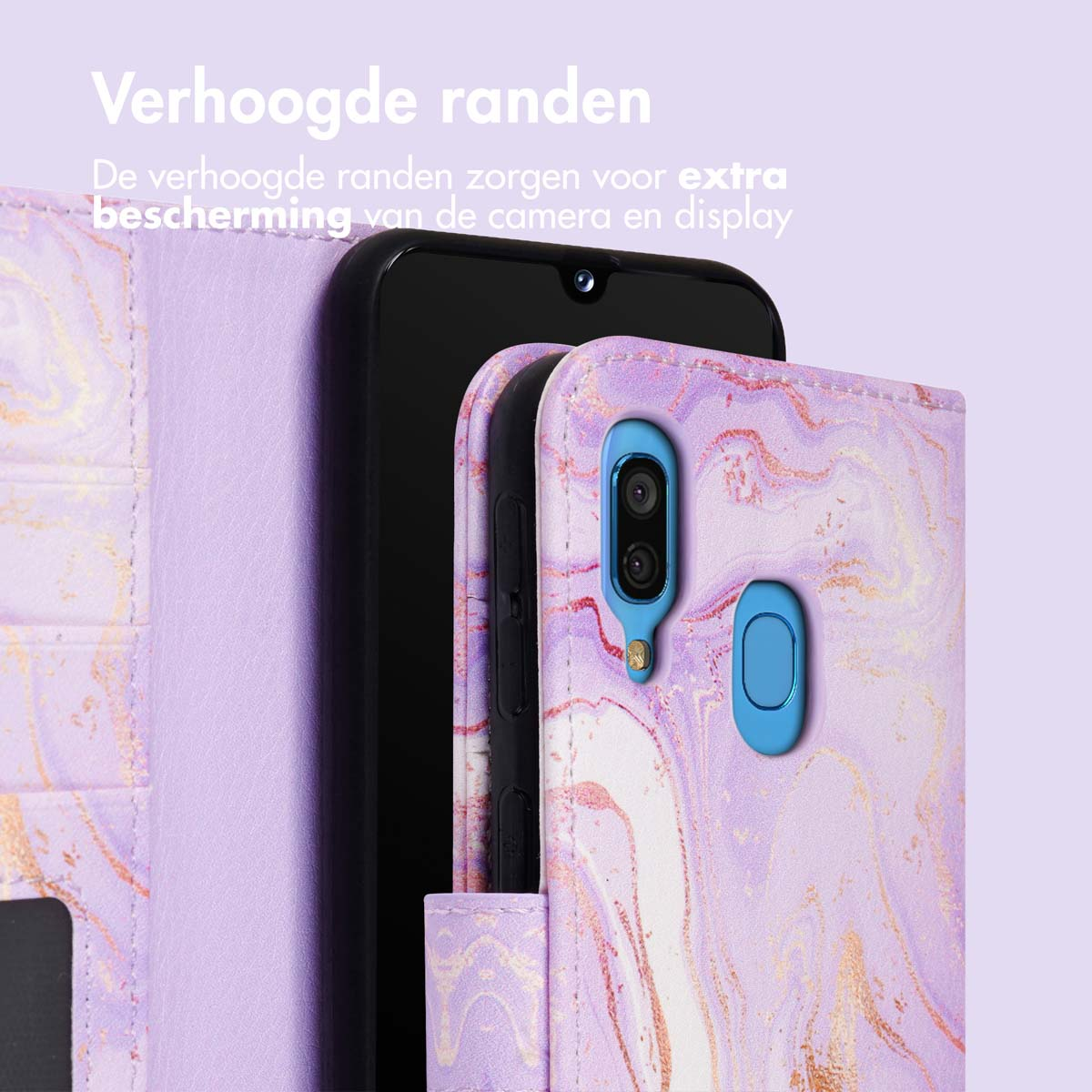 Paarse marmeren telefoonhoes met camera- en knopdetail.
