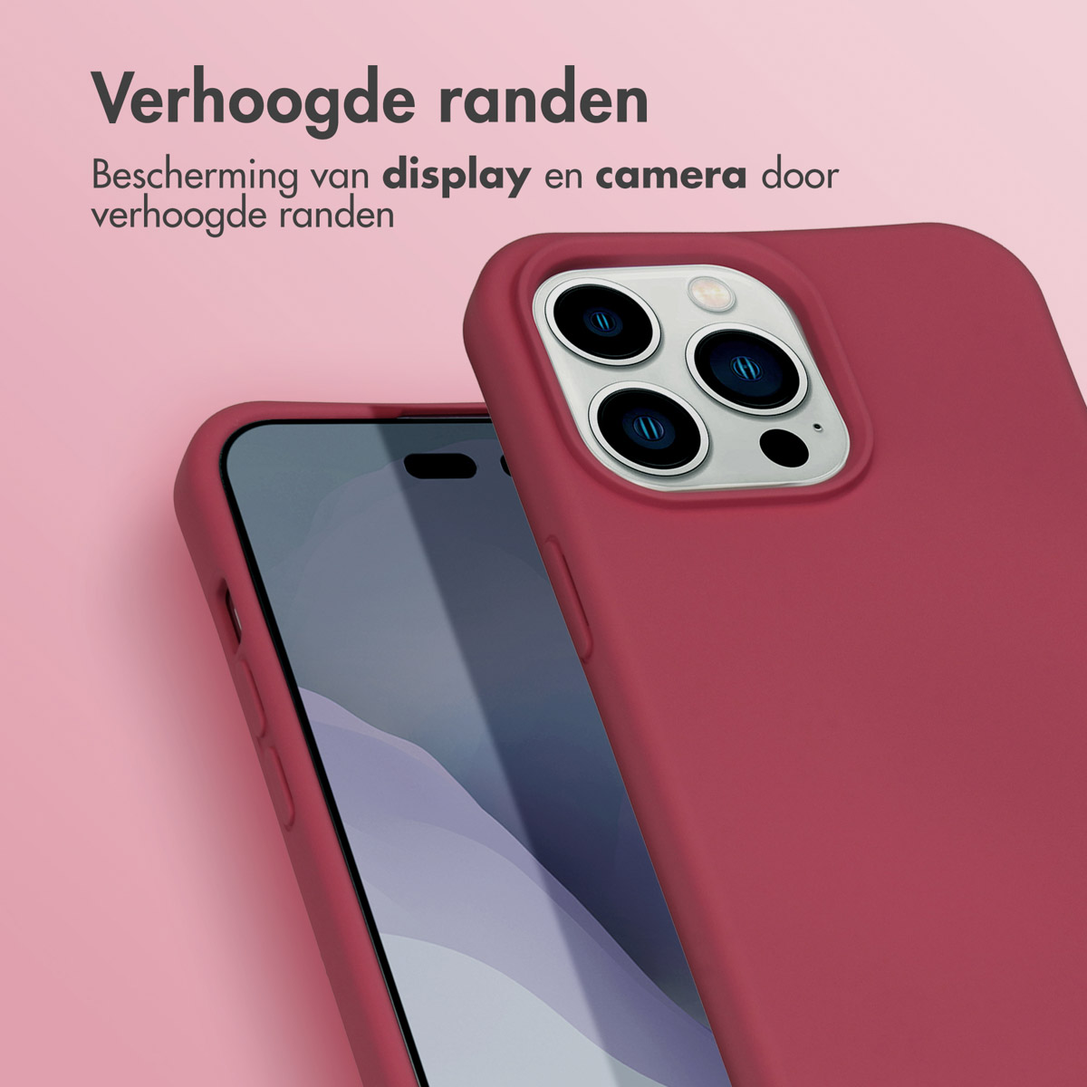 Rote Handyhülle. Erhöhte Ränder. Text: Erhöhte Ränder.
