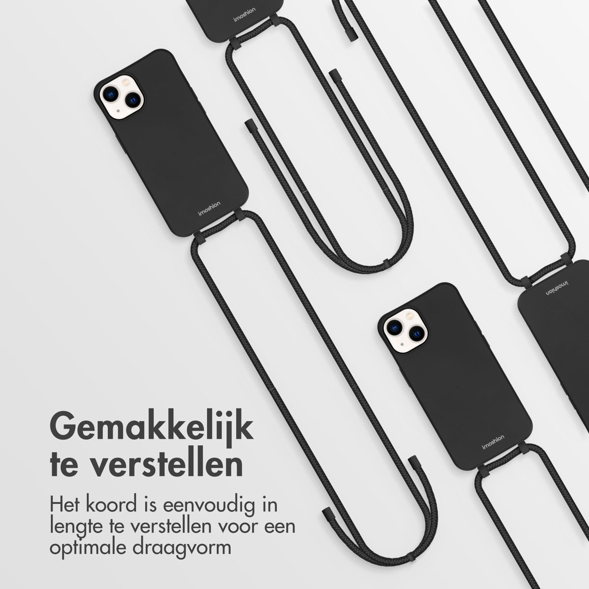 Plusieurs coques de téléphone noires avec une corde. Texte : Facile à régler. La corde est facile.